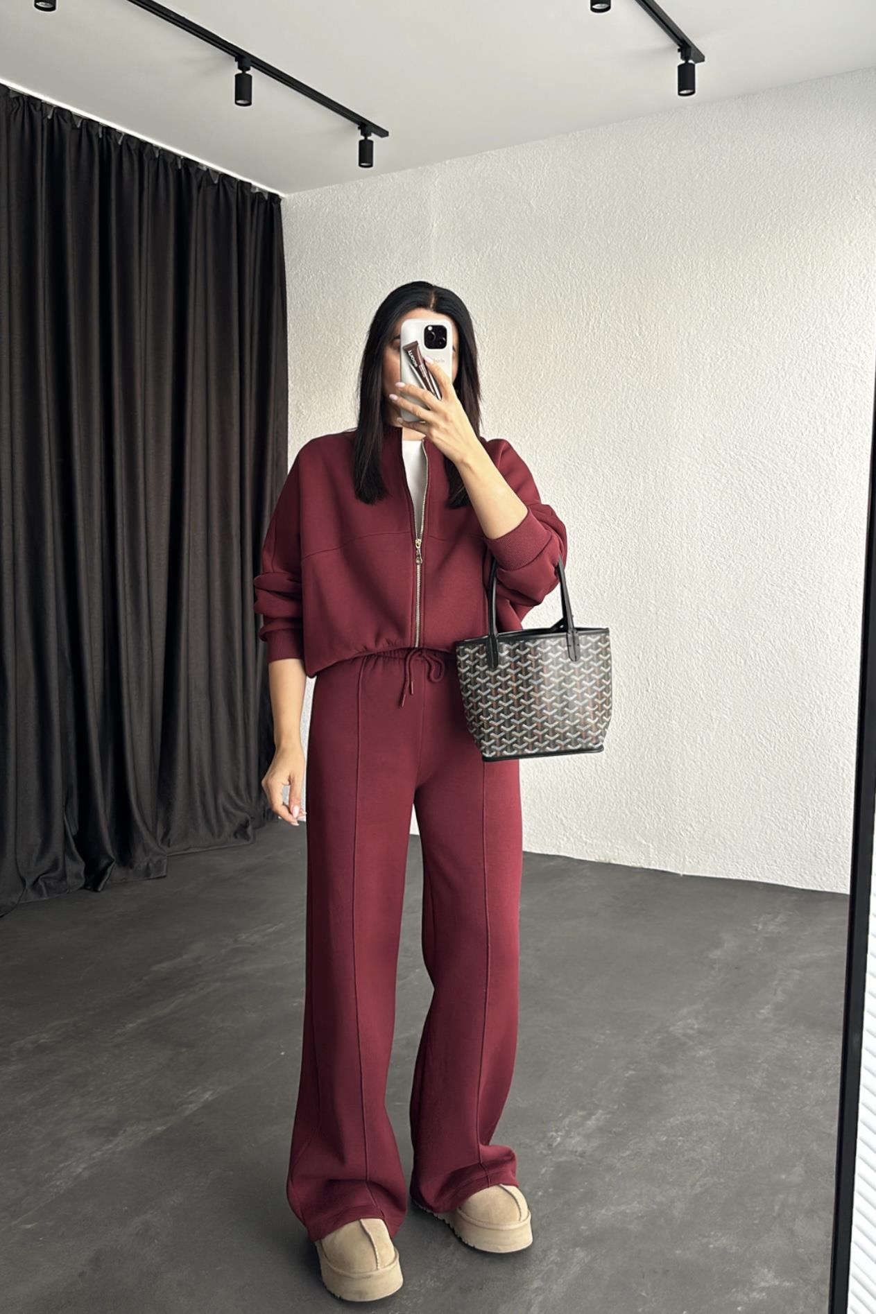 Bordo Renk Şardonlu  Zr Model Eşofman Takımı