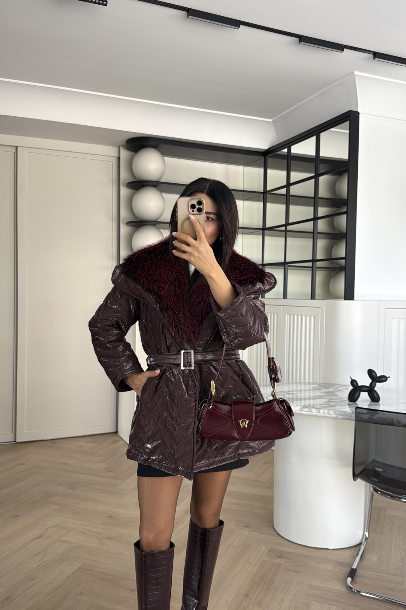 BORDO RENK TASARIM KÜRKLÜ ELYAF DOLGULU MONT