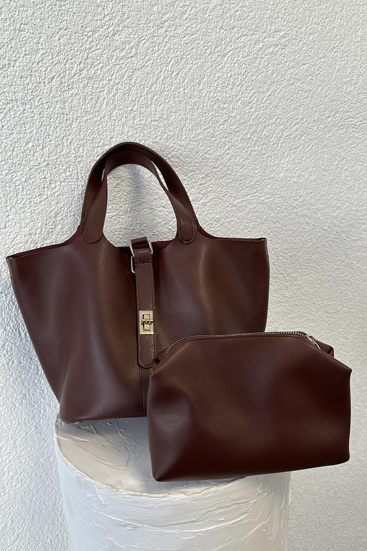 Bordo Renk Uzun Kulplu İç Kısmı Makyaj Çanta Detaylı Çanta