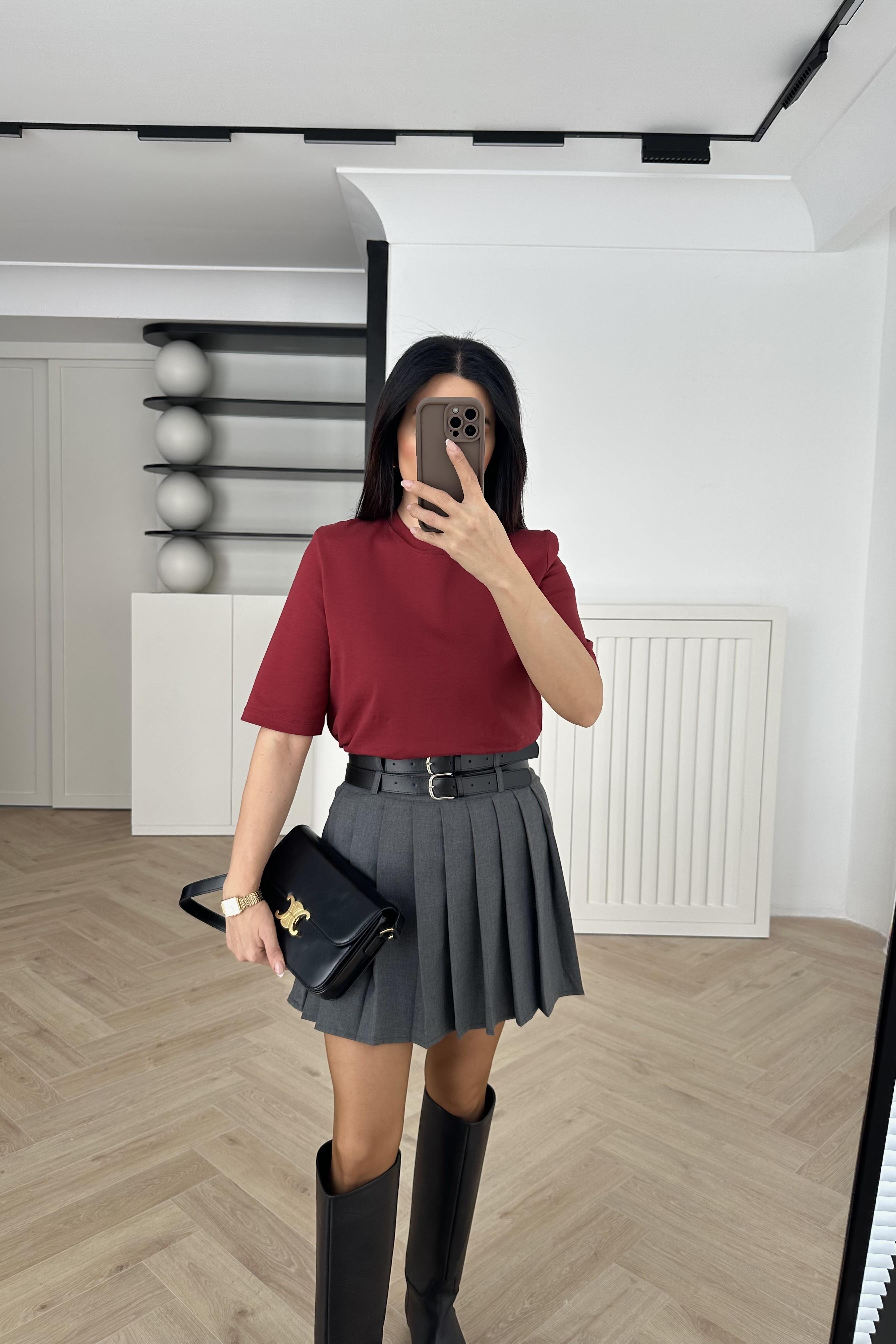 Bordo Renk Vatkalı Basic Tişört 