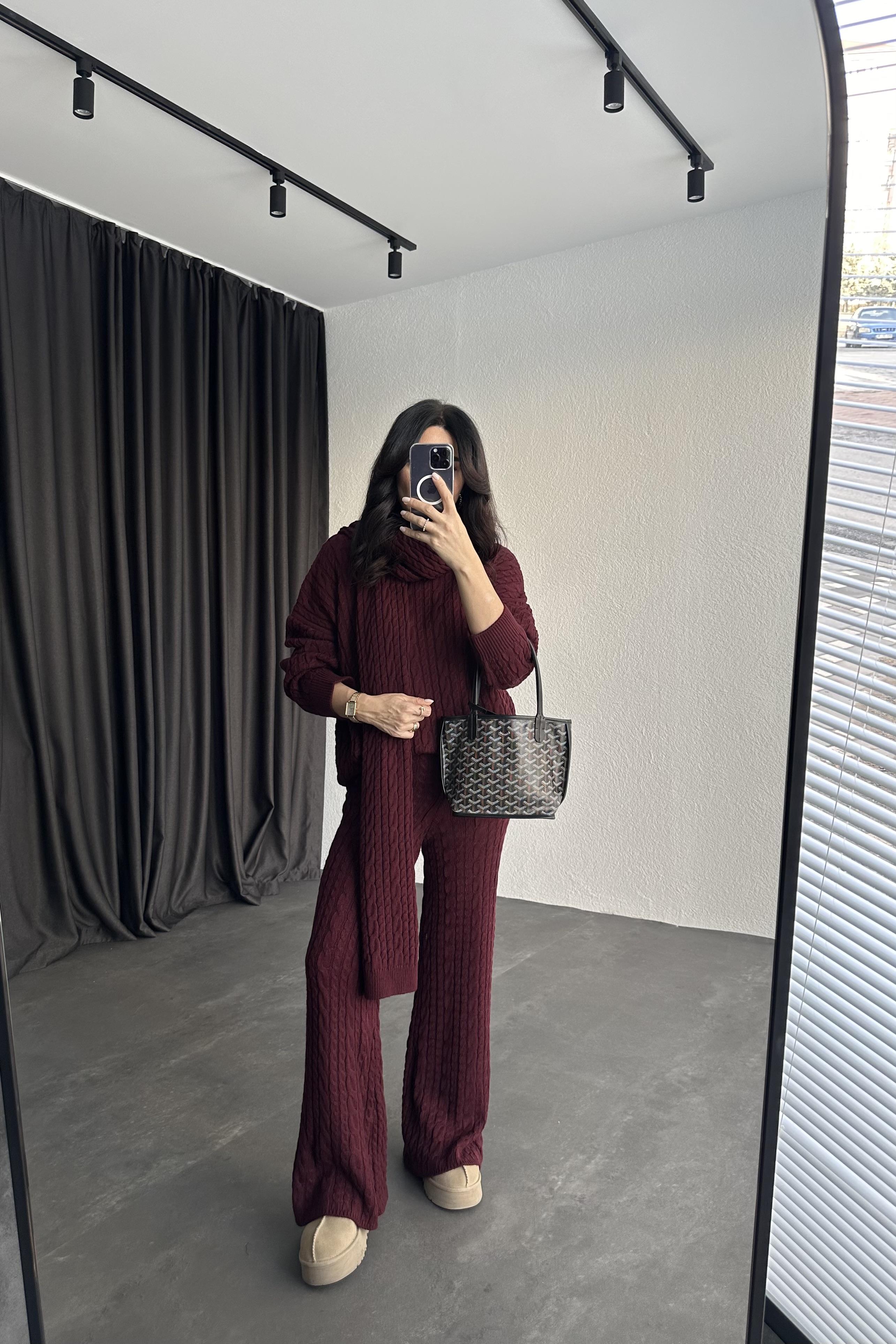 Bordo Saç Örgü Atkılı Triko Takım 
