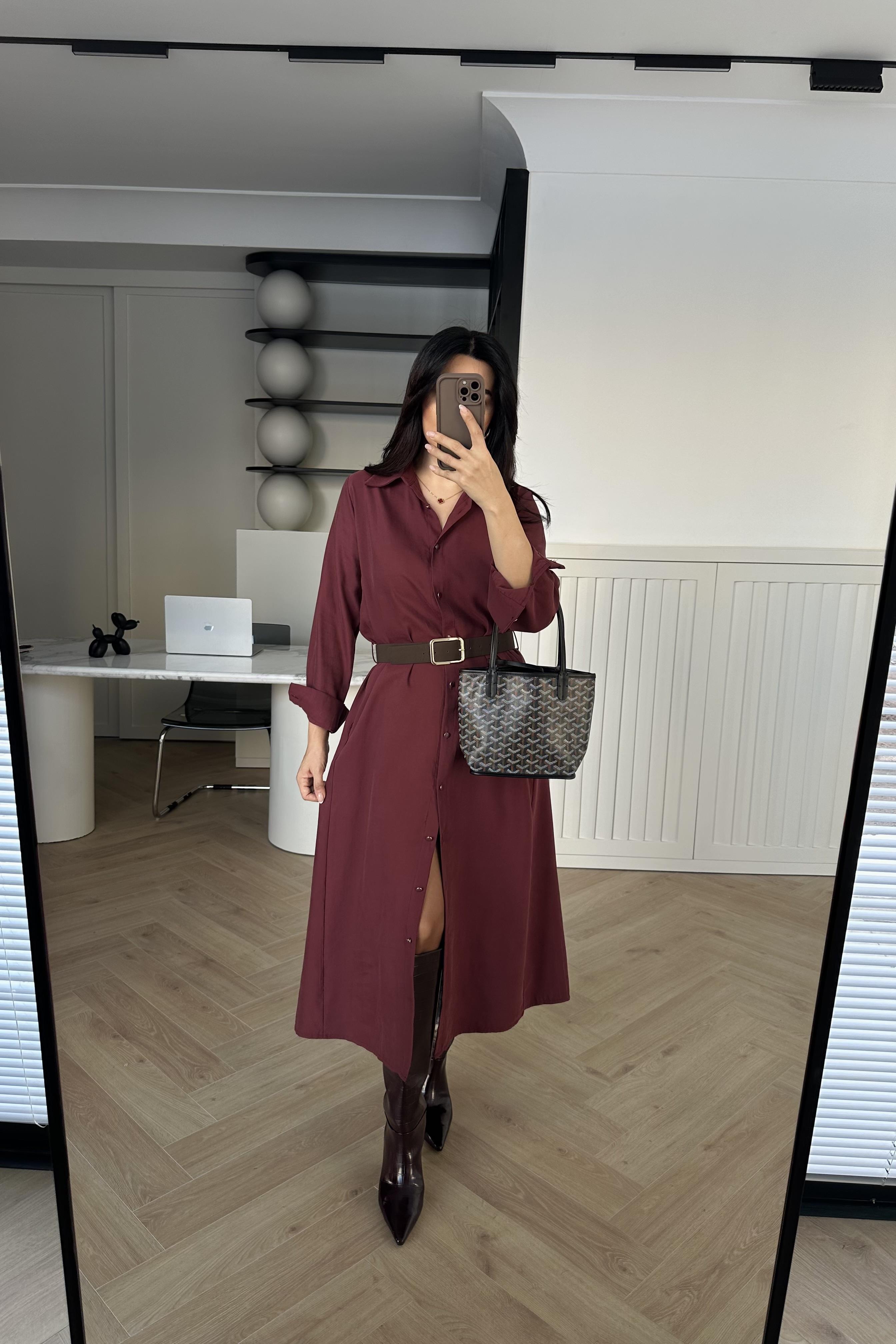 Bordo Sedef Düğmeli Kemerli Gömlek Elbise