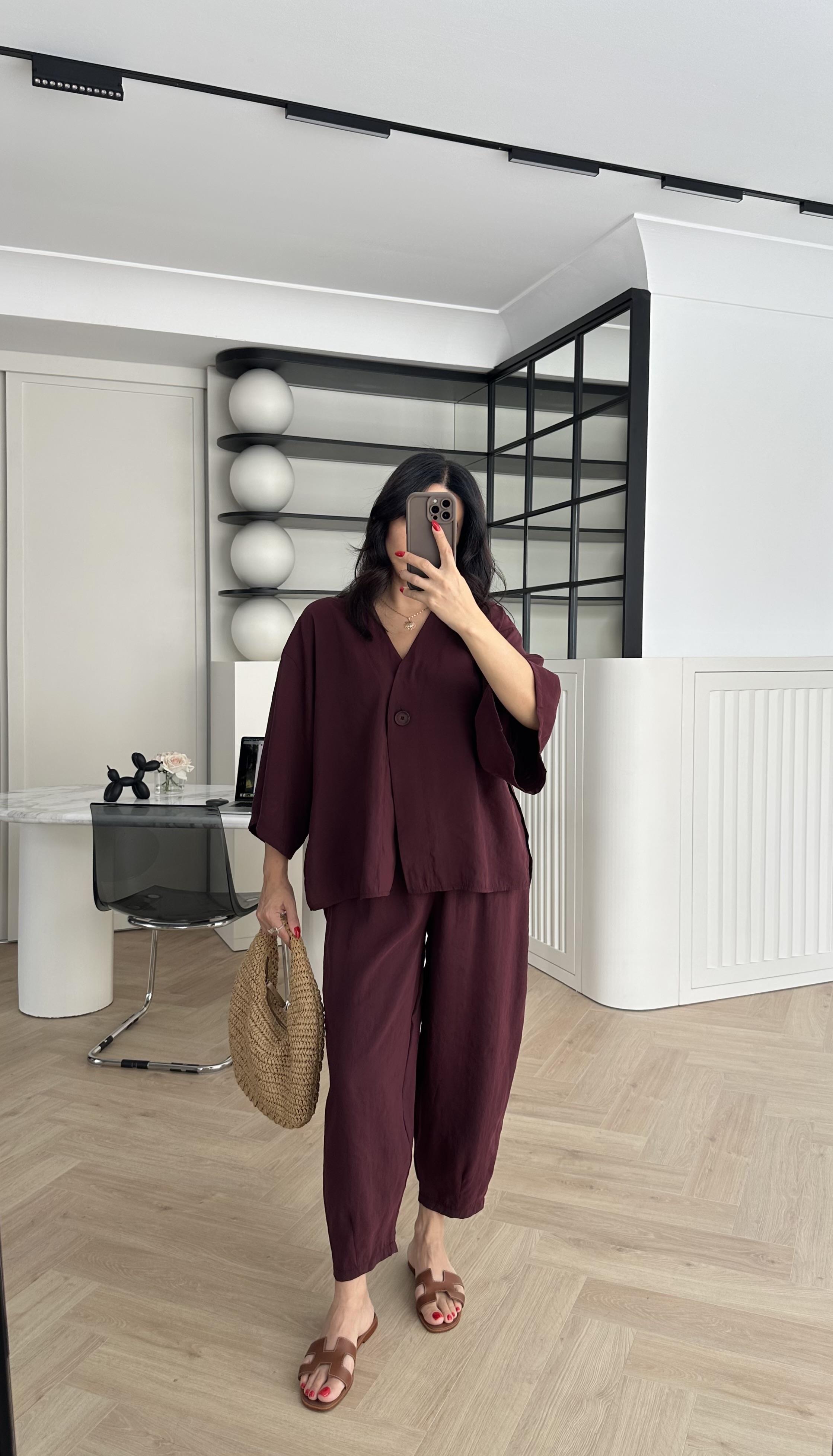 Bordo Tensel Kumaş Gömlek Pantolon Takım