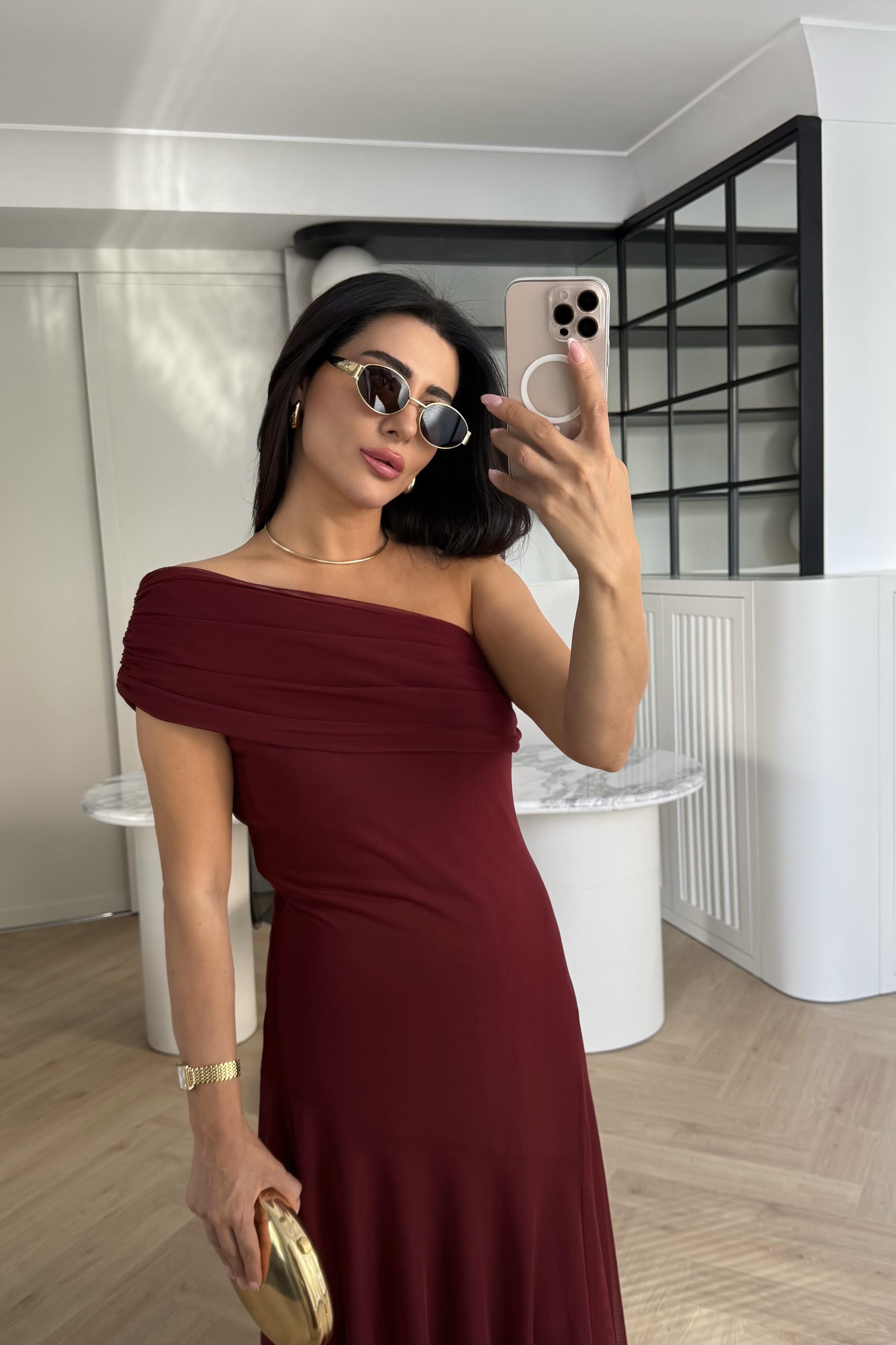 BORDO TÜL TEK OMUZ ELBİSE