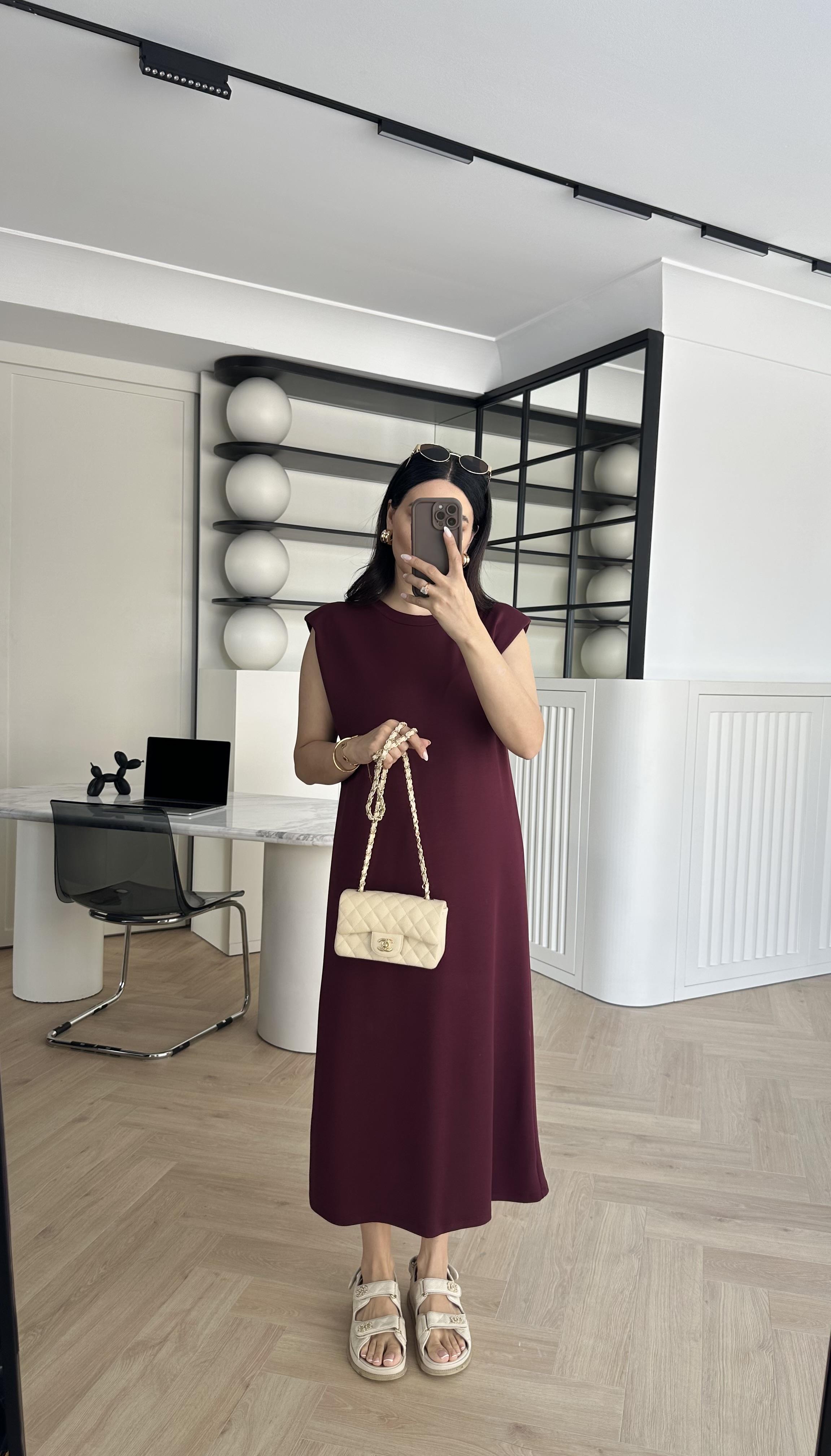 Bordo Vatkalı Modal Kumaş Rahat Elbise 