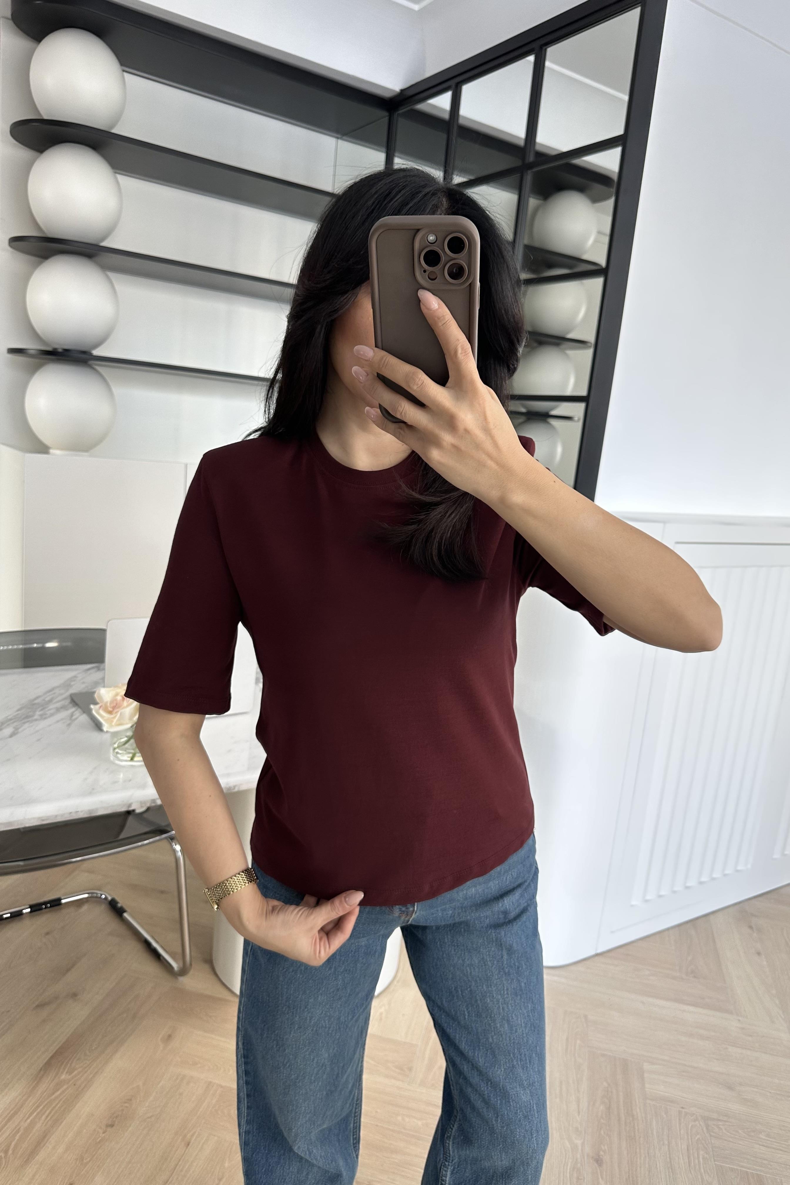 Bordo Vatkalı Pamuklu Massimo Tişört 