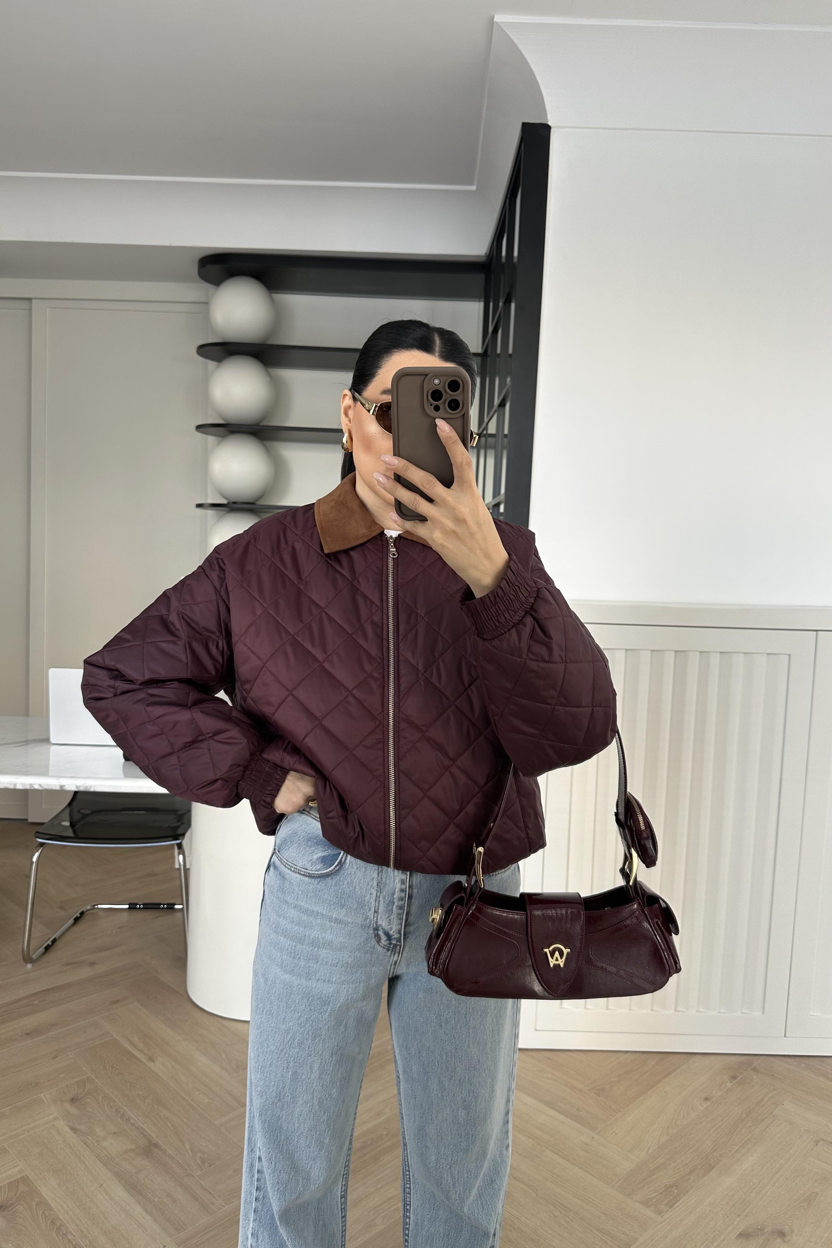 Bordo Yakası Süet Elyaf Dolgu Ceket