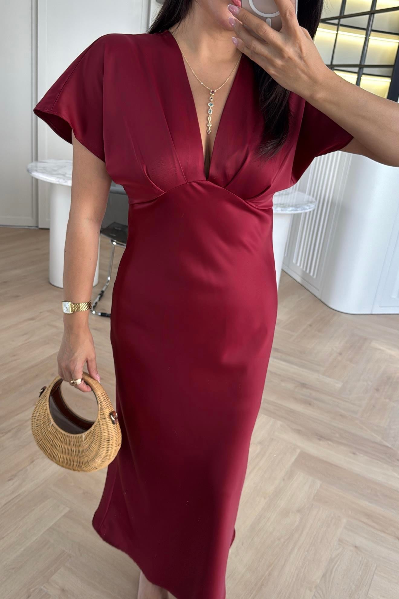 BORDO ZR MODEL TOK SATEN ELBİSE