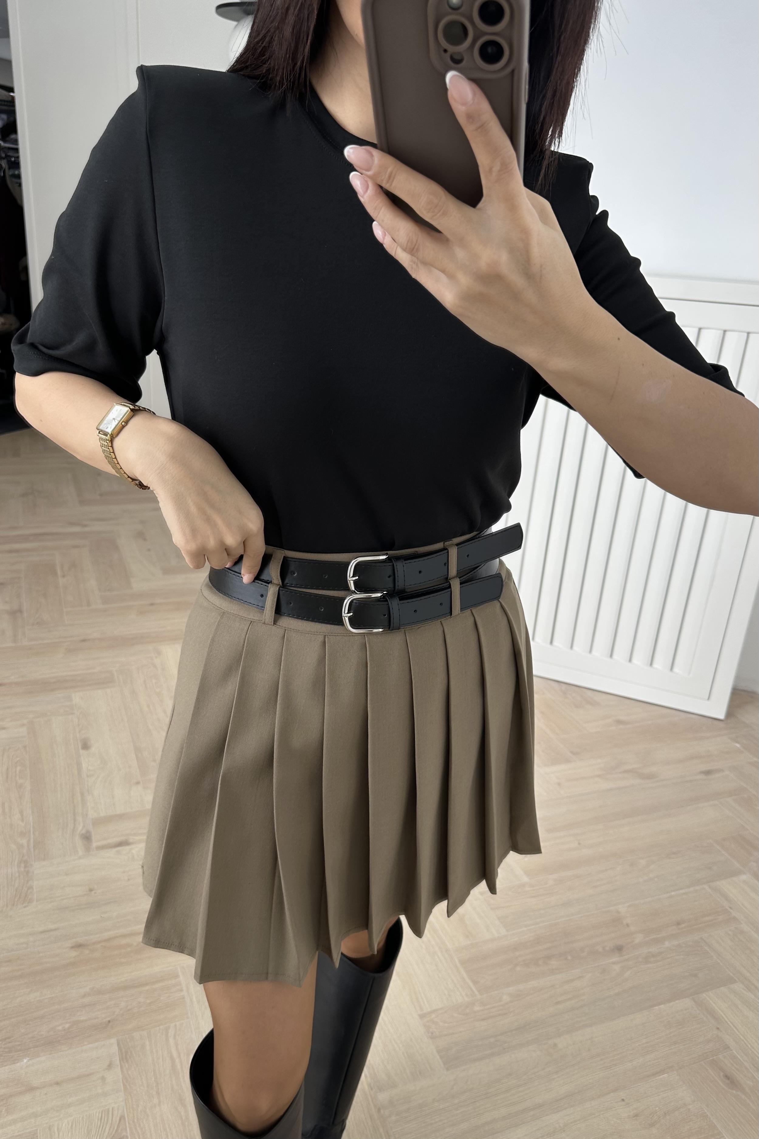 Camel Çift Kemerli Pileli Etek