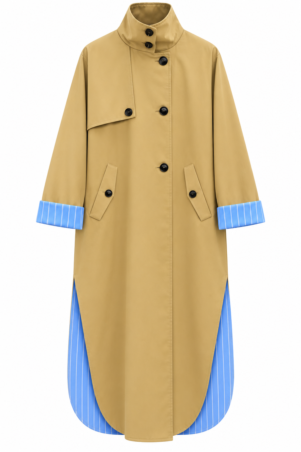 Camel Çizgili Astarlı Oversize Uzun Trençkot