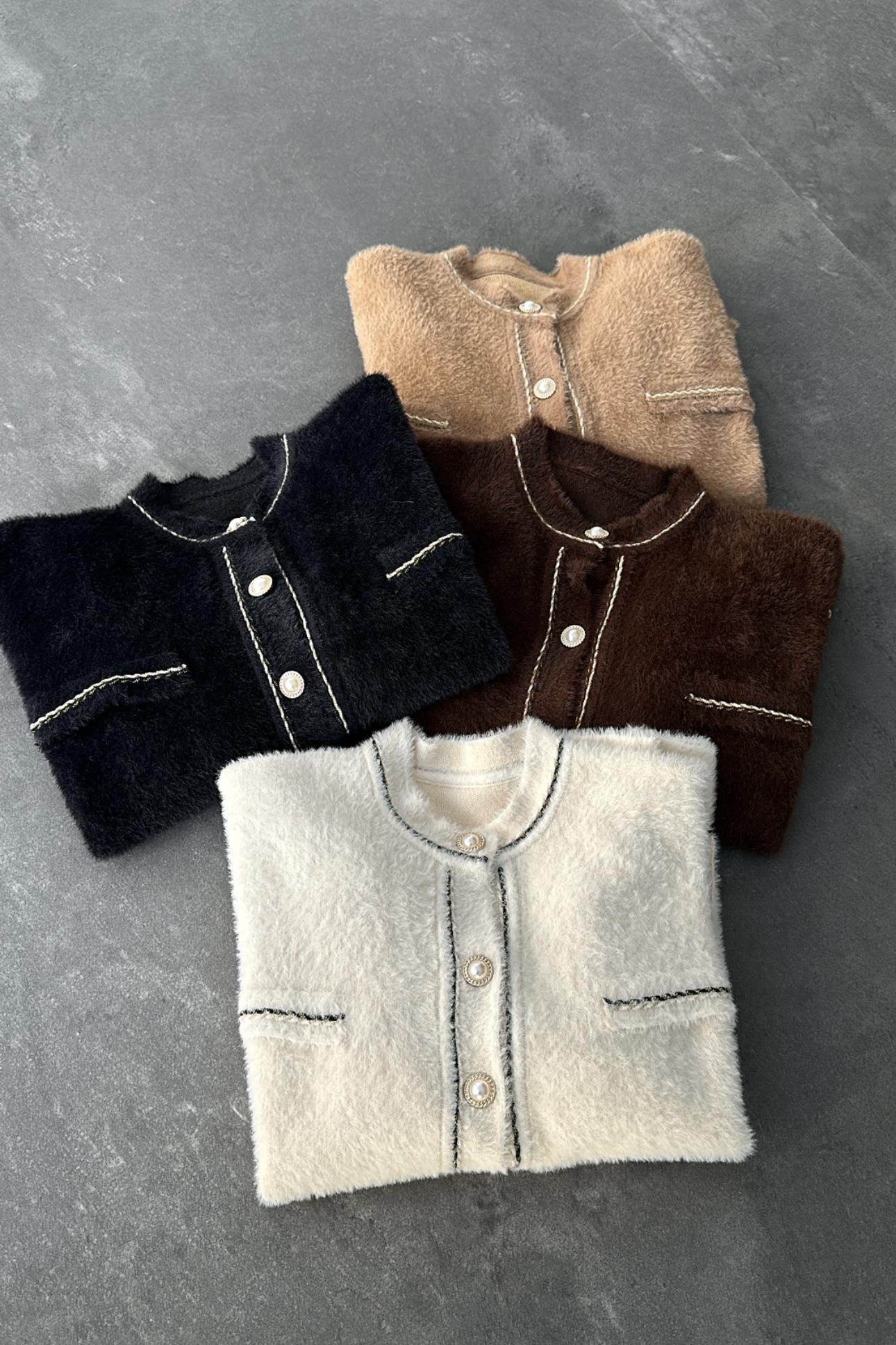 Camel İnci Düğmeli Özel Sakallı Dokulu Hırka