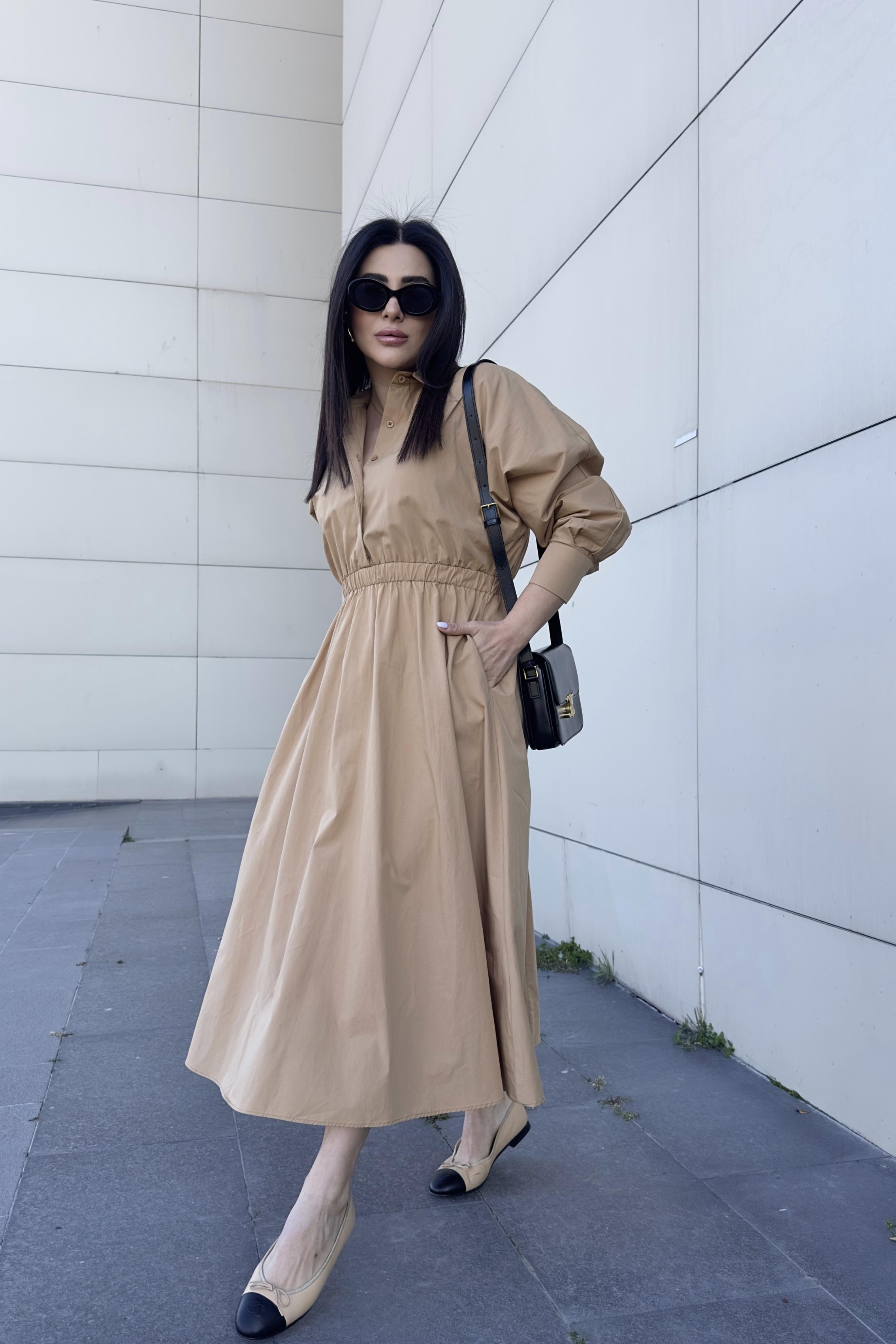 Camel Renk Beli Lastikli Maxi Boy Poplin Kumaş Elbise