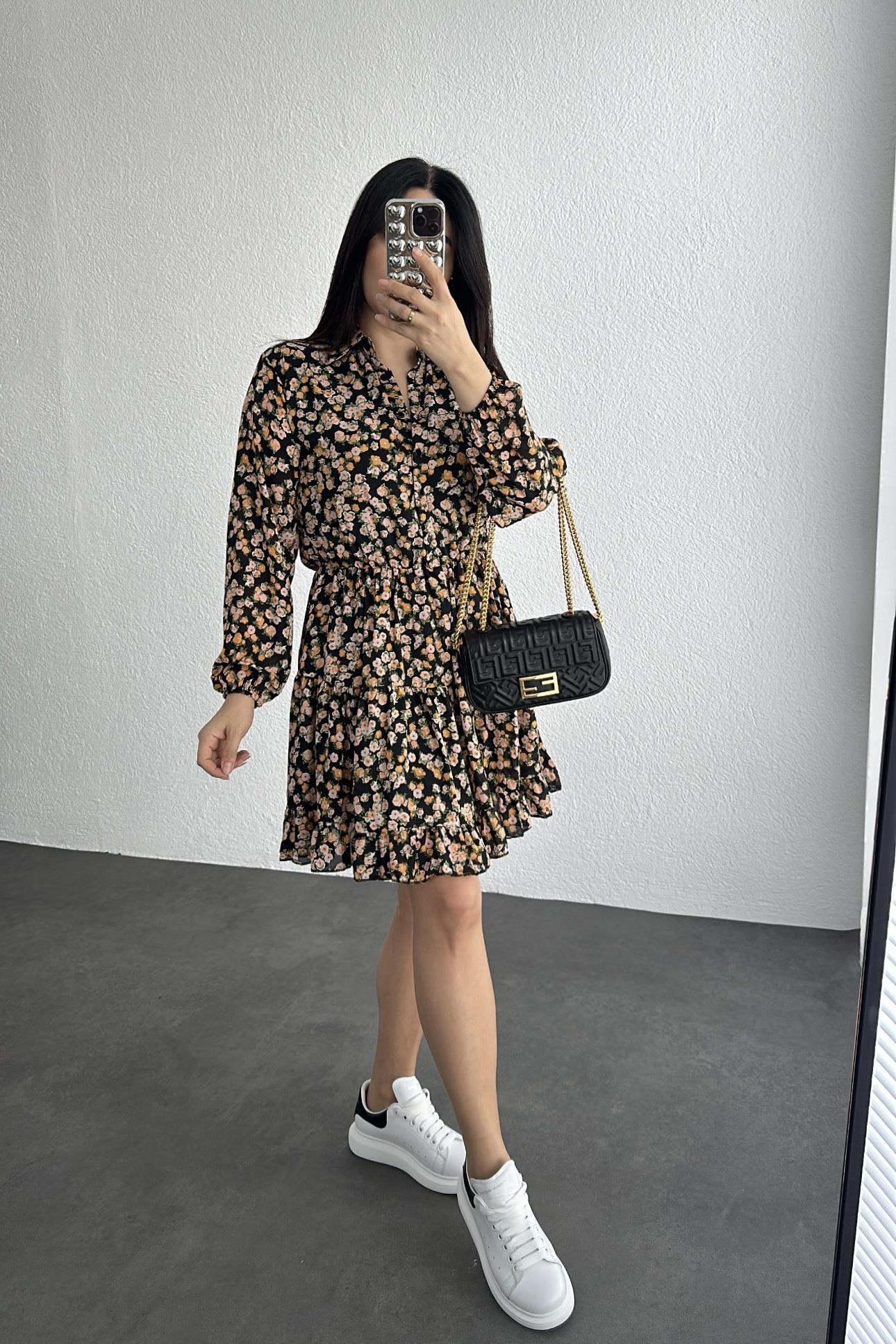 Çiçekli Astarlı Beli Lastikli Şifon Elbise