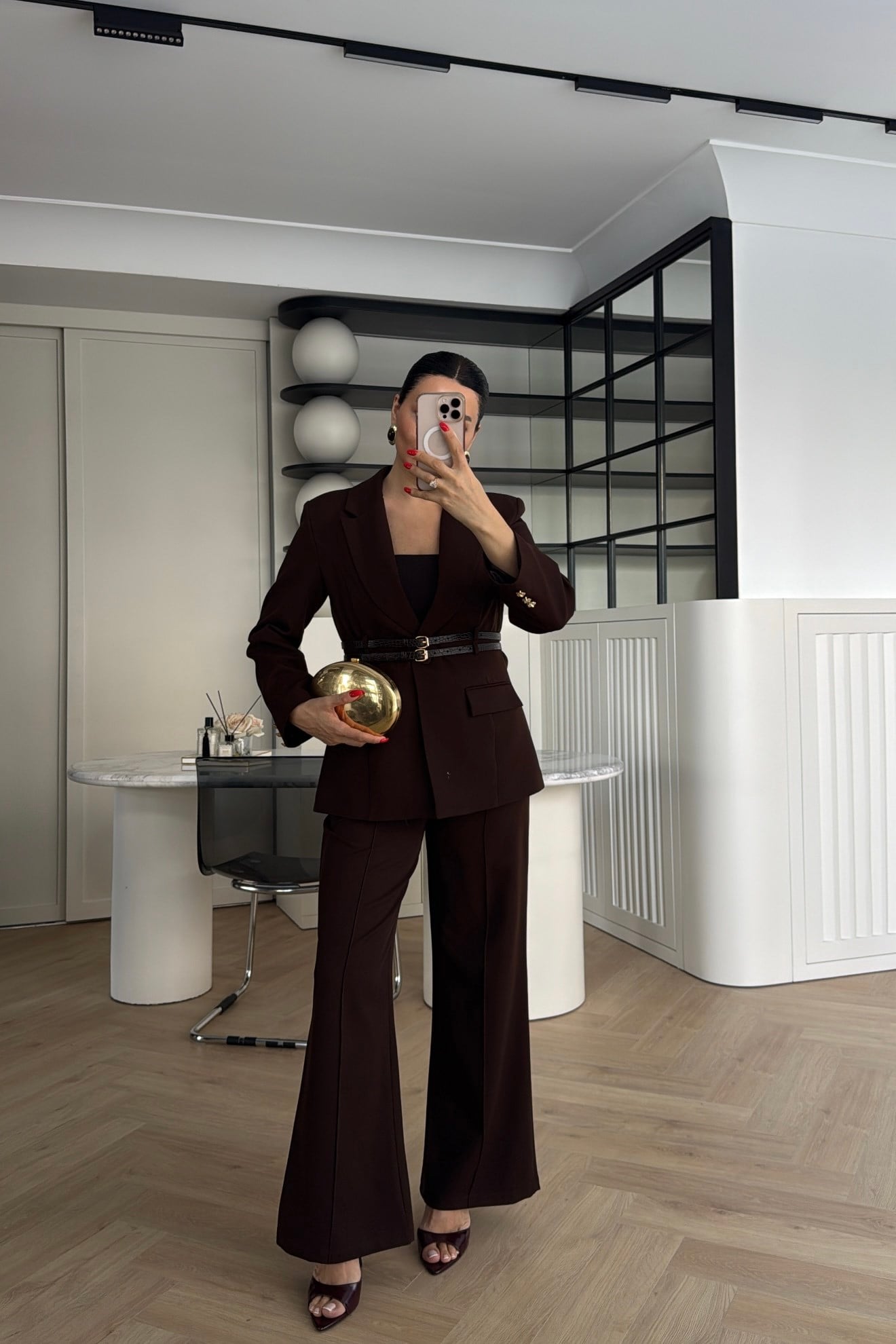 ÇİFT KEMERLİ CEKET PANTOLON TAKIM KAHVE 