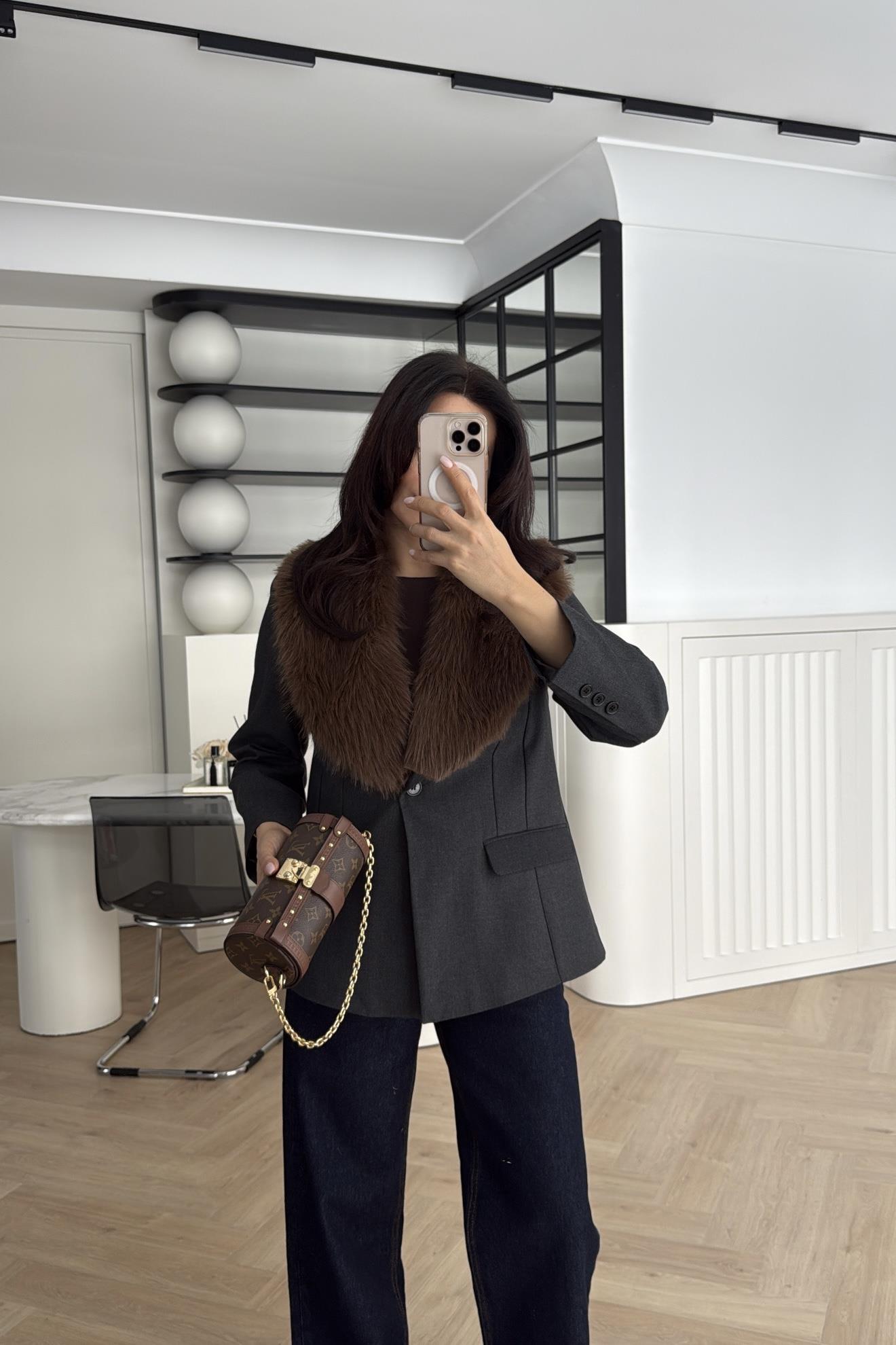 ÇIKABİLİR KÜRK YAKALI BLAZER CEKET ANTRASİT 