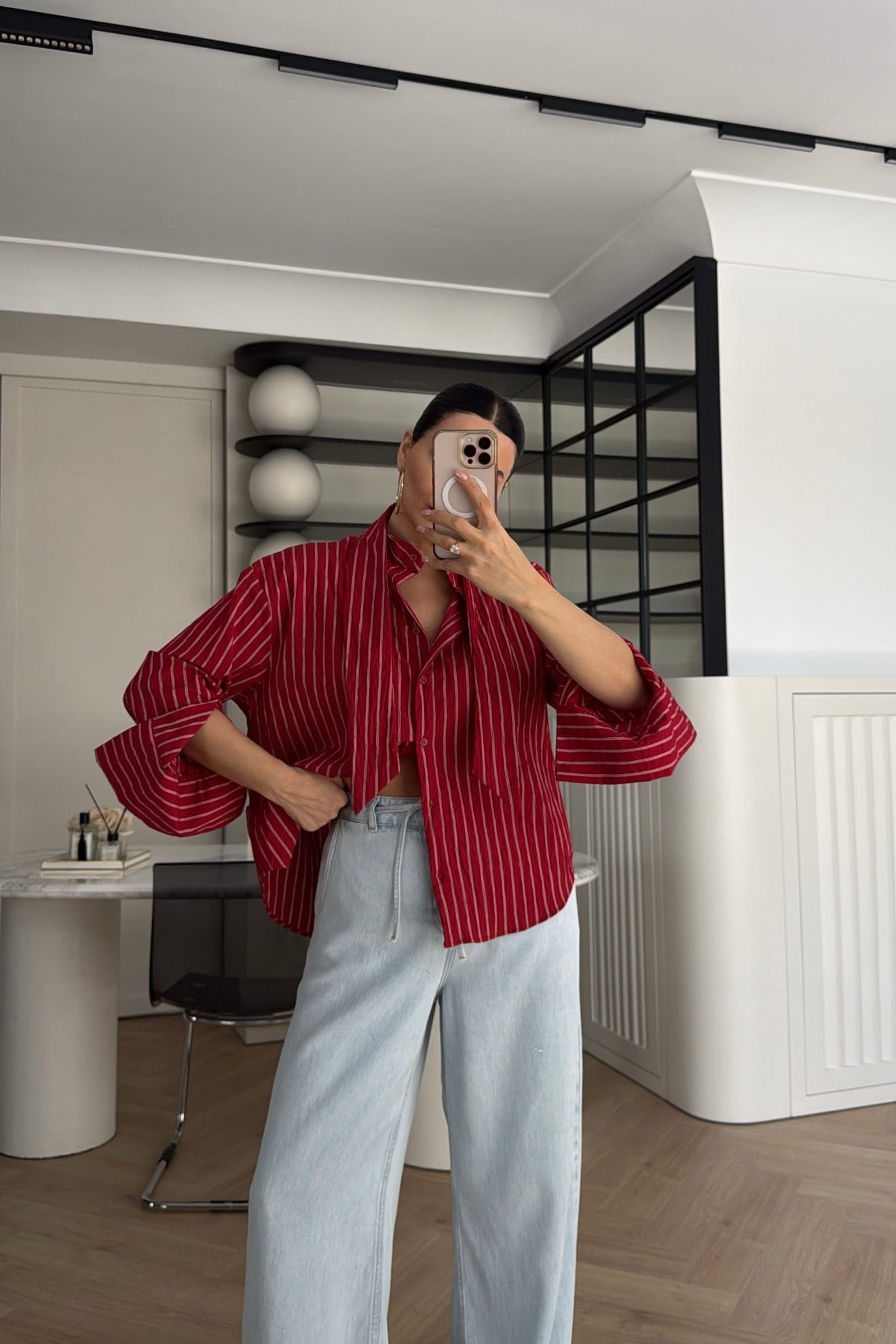 ÇİZGİLİ BAĞLAMALI GÖMLEK KIRMIZI 