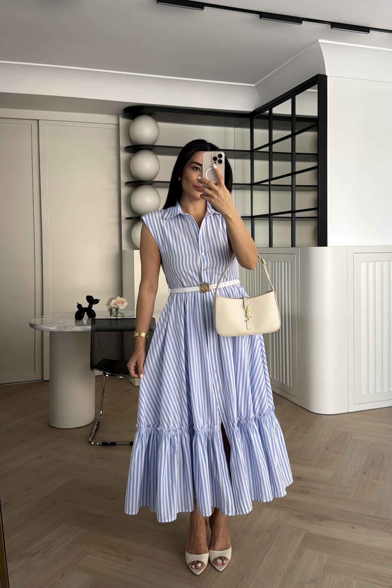 ÇİZGİLİ KEMERLİ MAXİ BOY ELBİSE