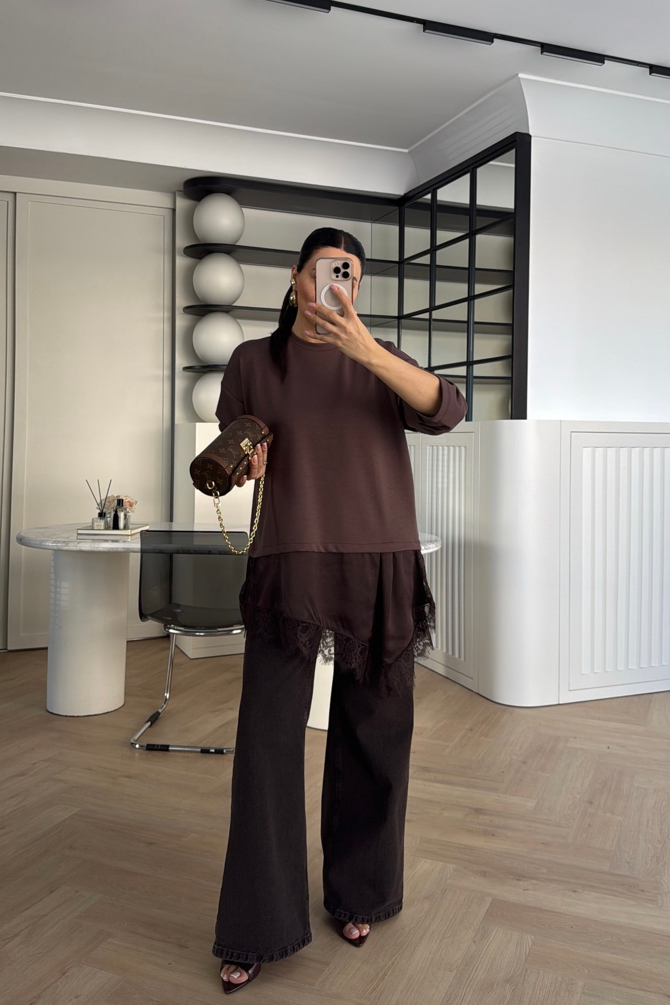 DANTEL DETAYLI MODAL SWEATSHİRT KAHVE 