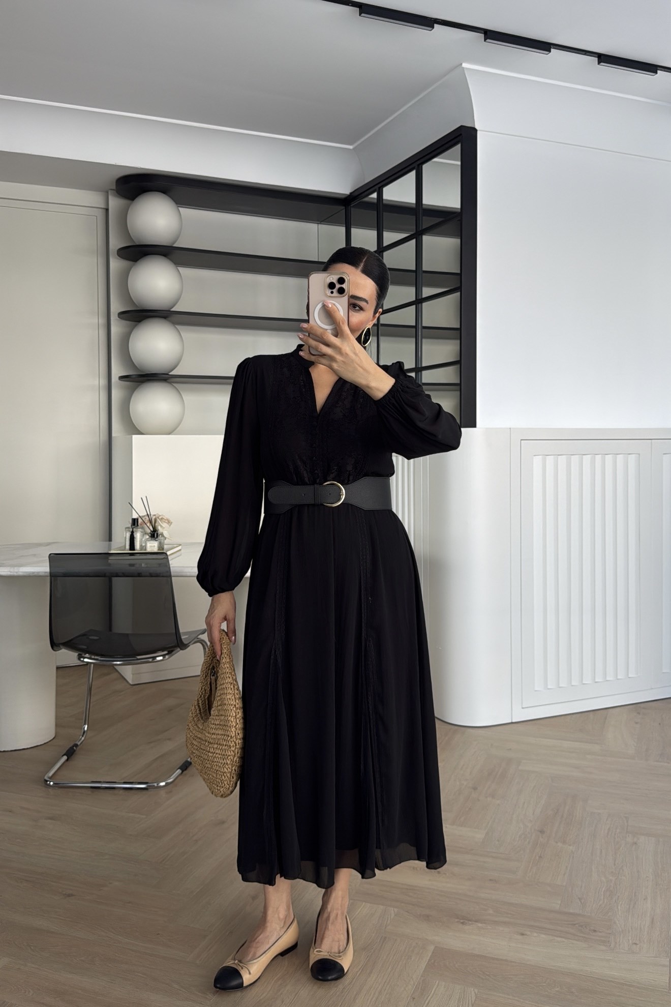 DANTELLİ KEMER DETAYLI ELBİSE SİYAH