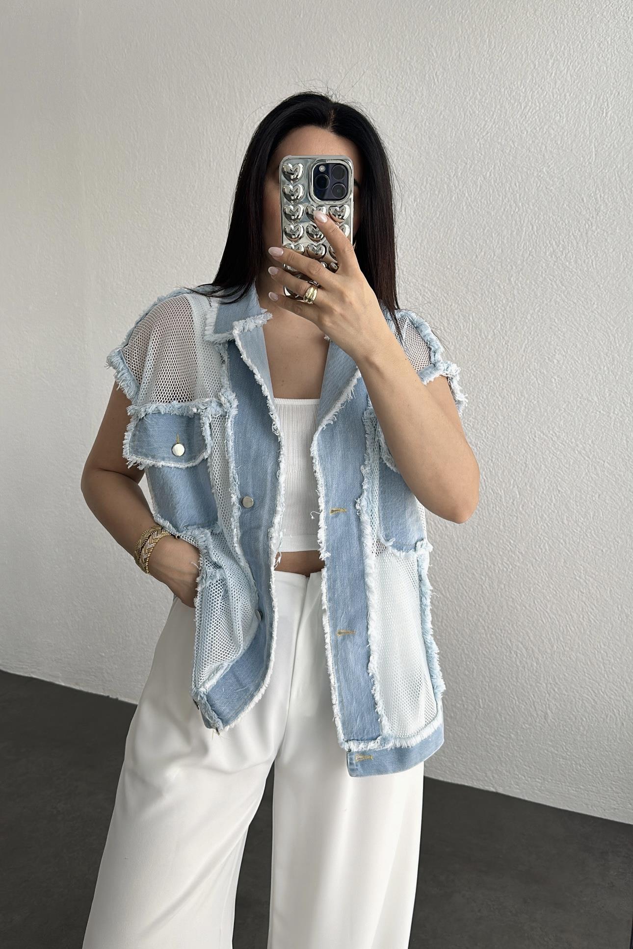 Denim Detaylı Tasarım Yelek Mavi 