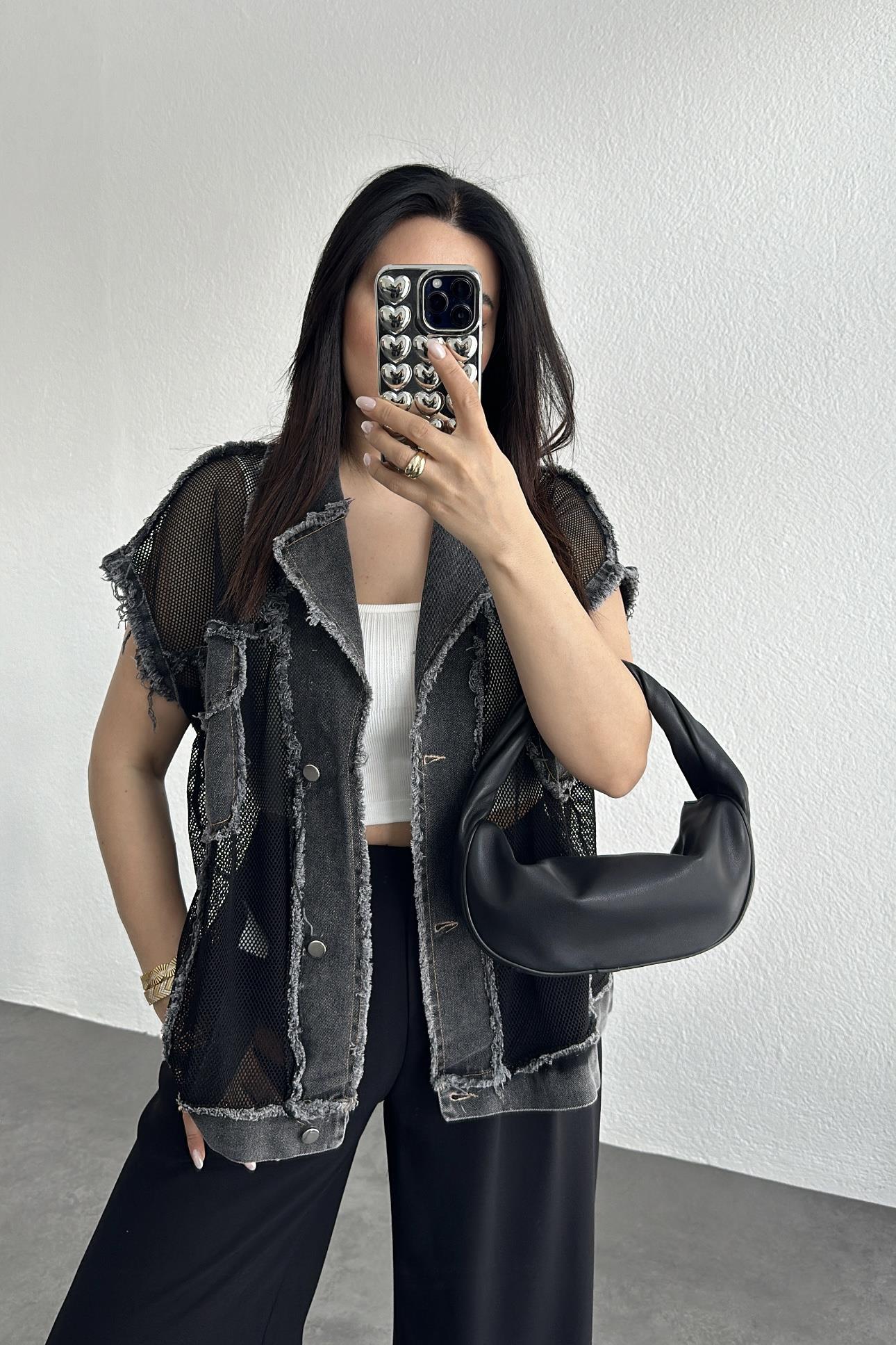 Denim Detaylı Tasarım Yelek Siyah