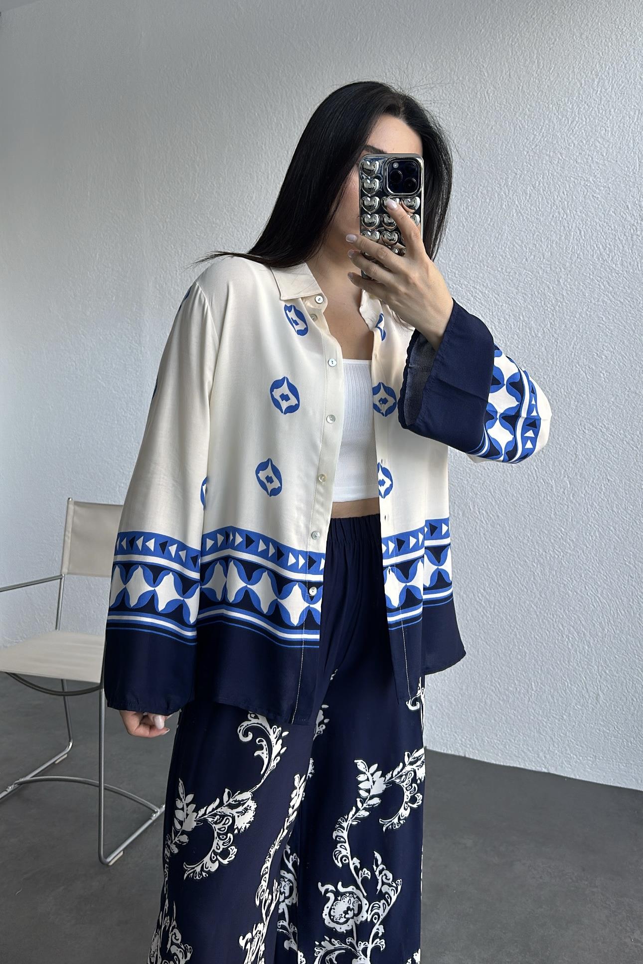 Desenli Poplin Kumaş Gömlek Pantolon Takım