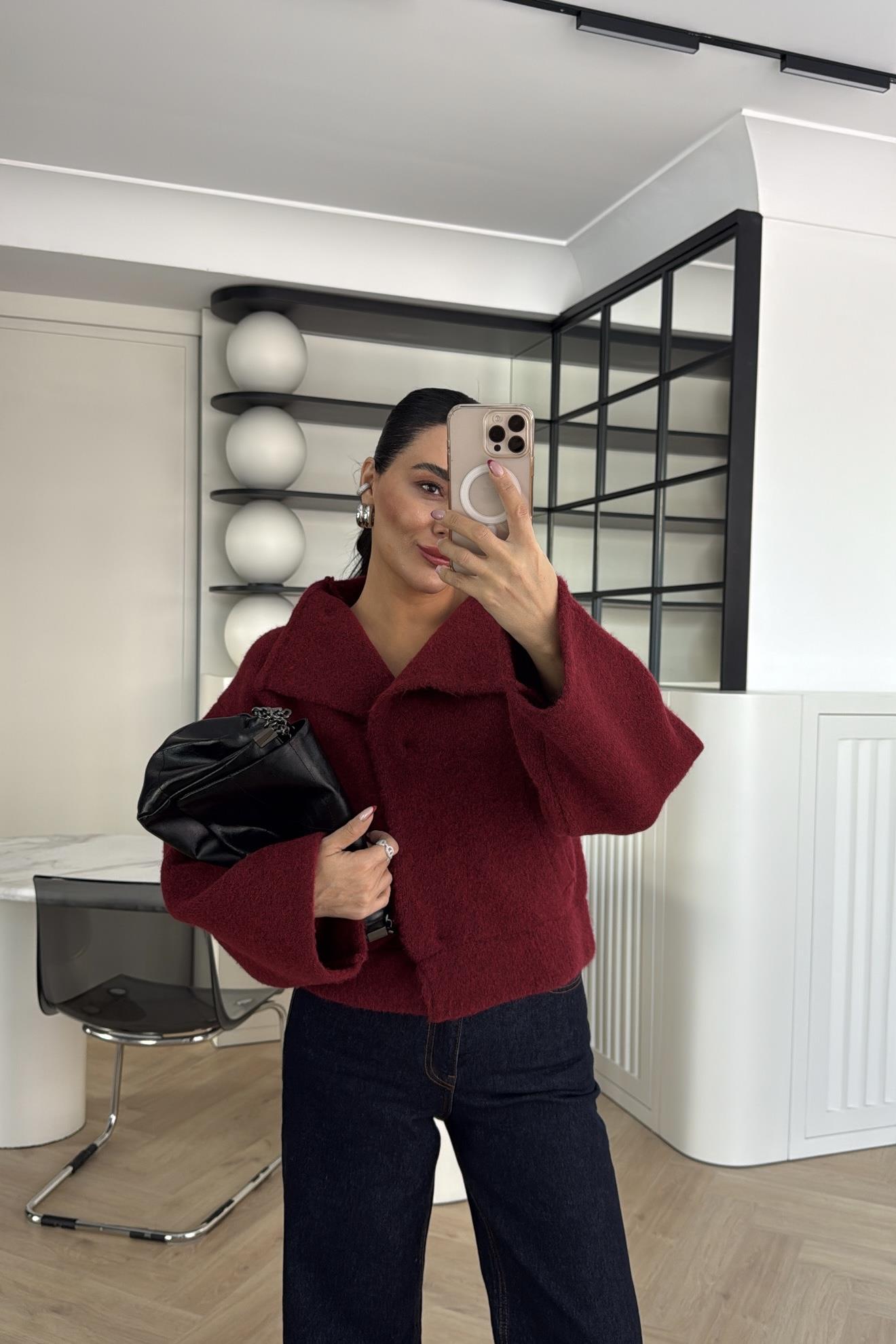 DİK YAKA CEPLİ TRİKO CEKET BORDO