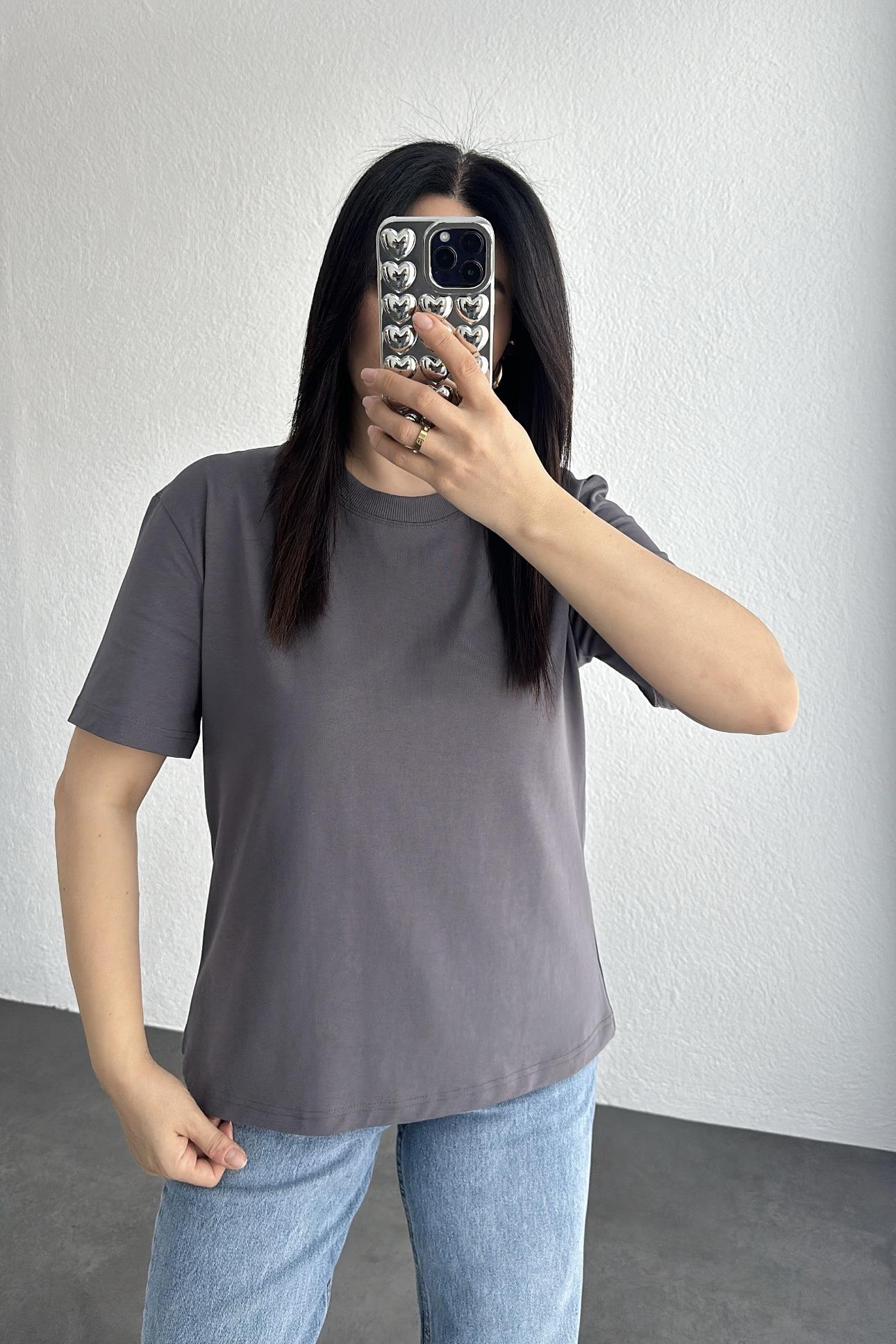 Dilvin Dekoratif Yaka Antrasit Basic Tişört 