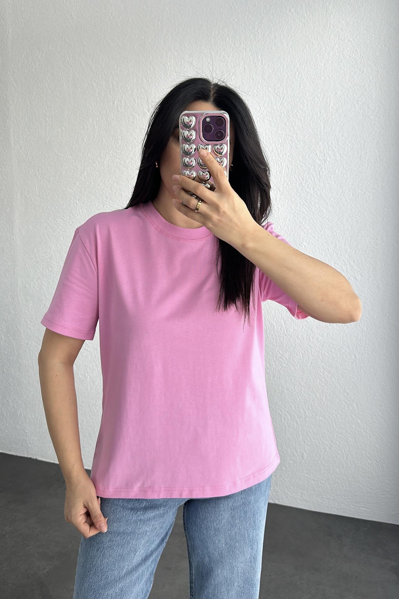 Dilvin Dekoratif Yaka Pembe Basic Tişört 