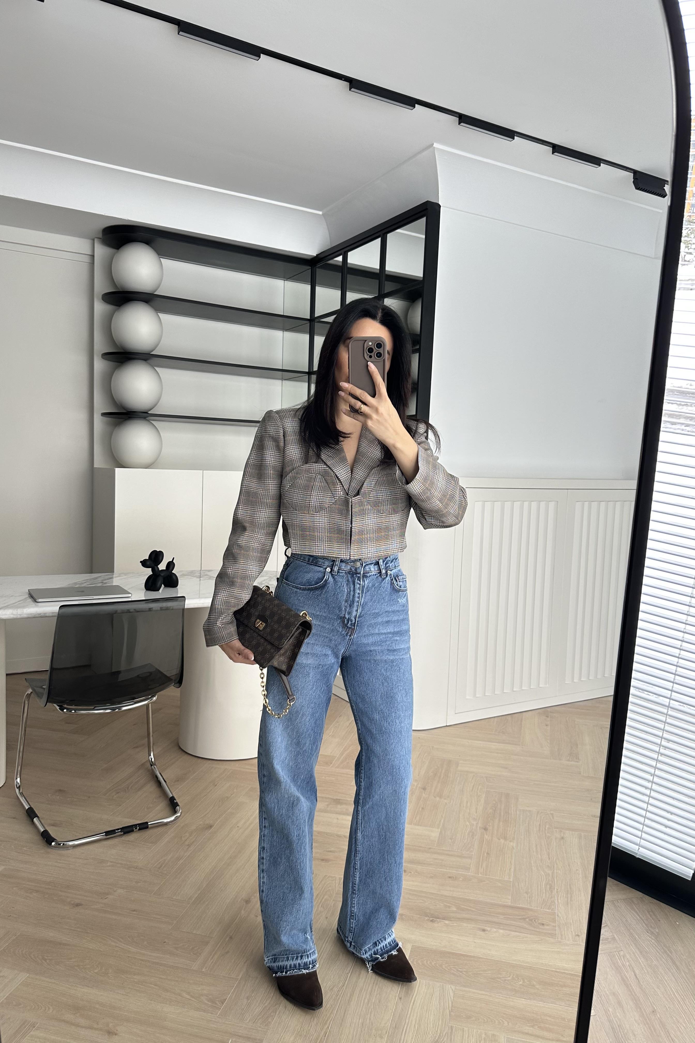 Ekoseli Kısa Blazer Ceket