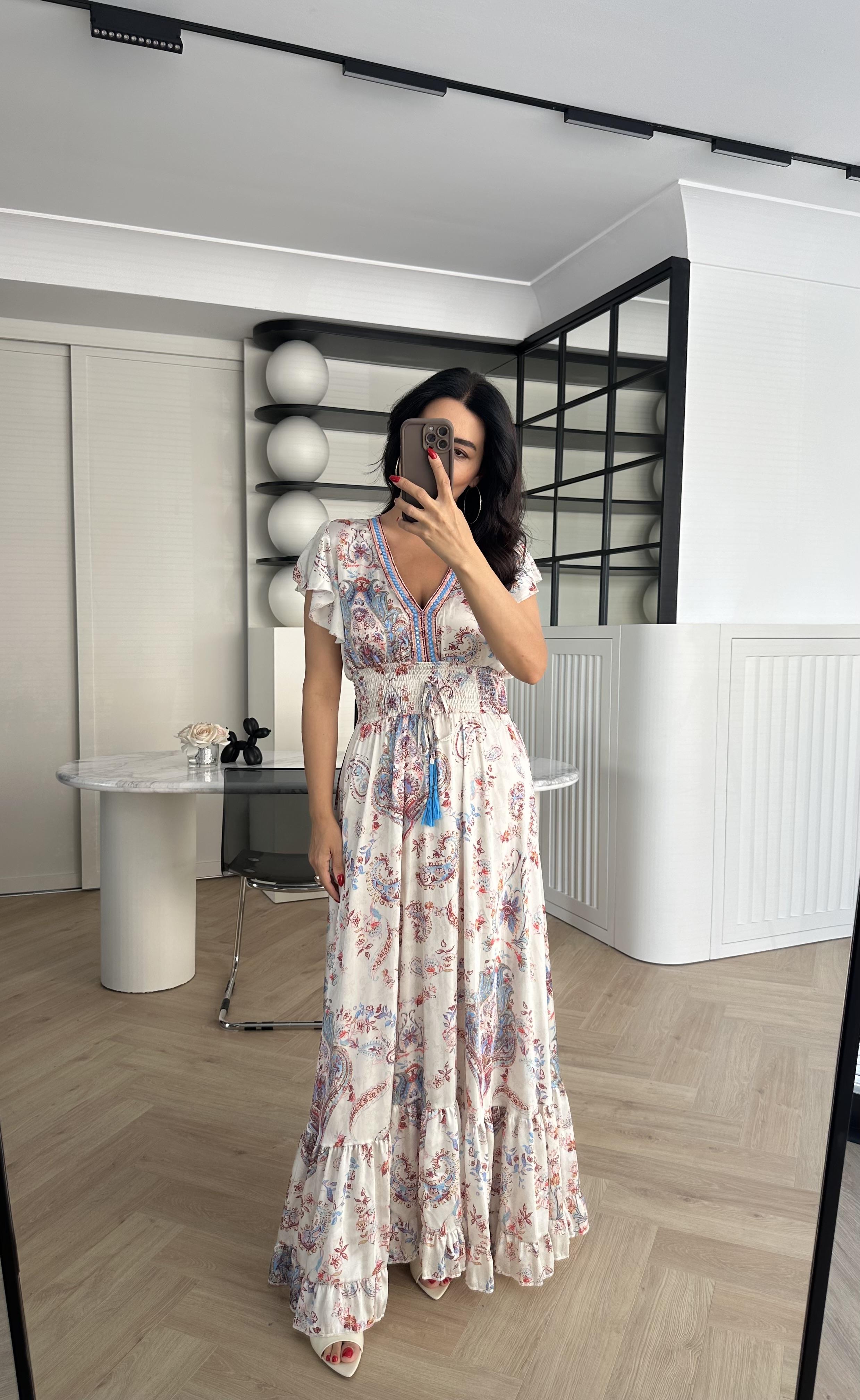 Ekru Desenli Maxi Elbise 