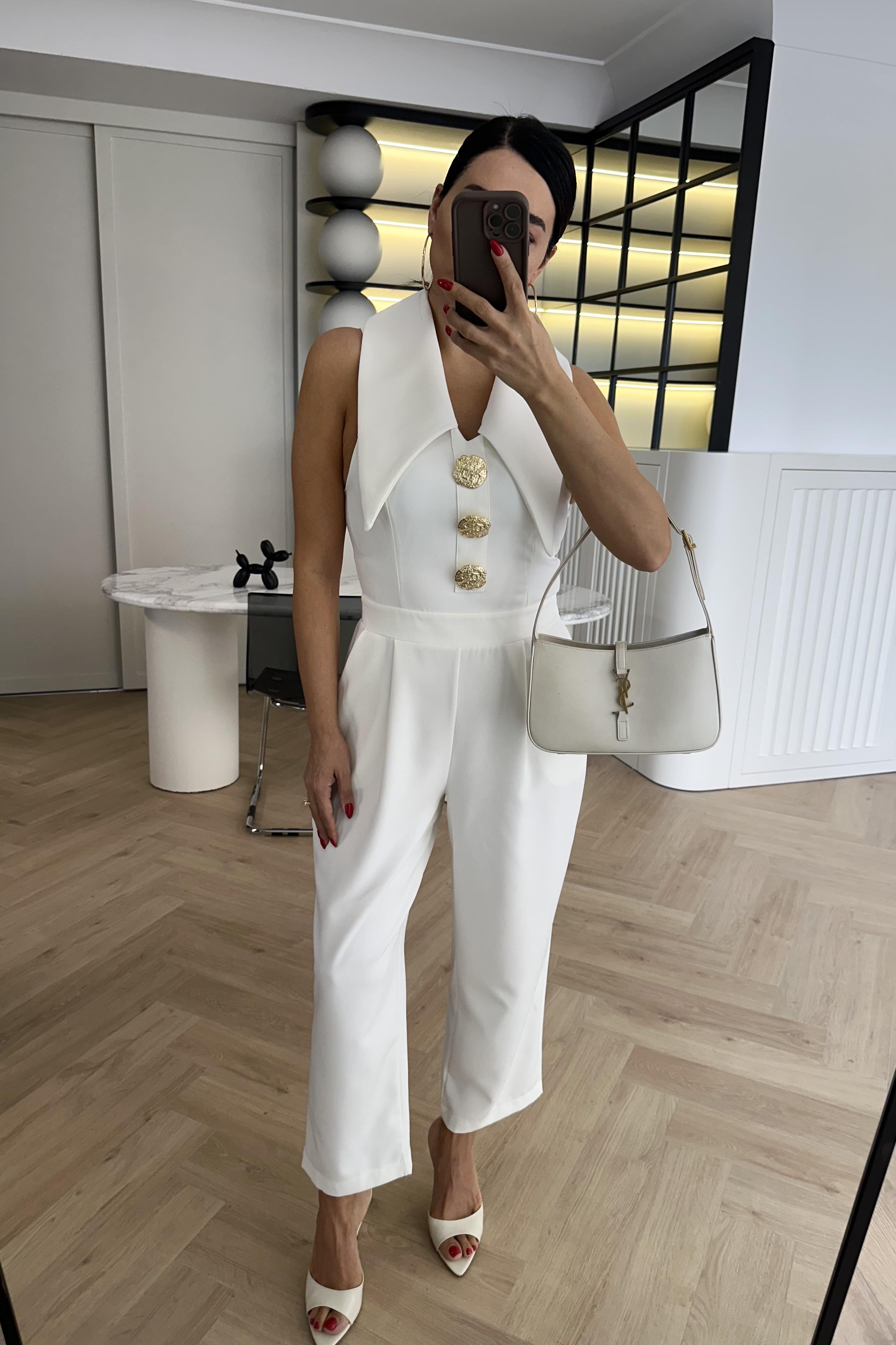 Ekru Gold Düğme Detaylı Tasarım Tulum 