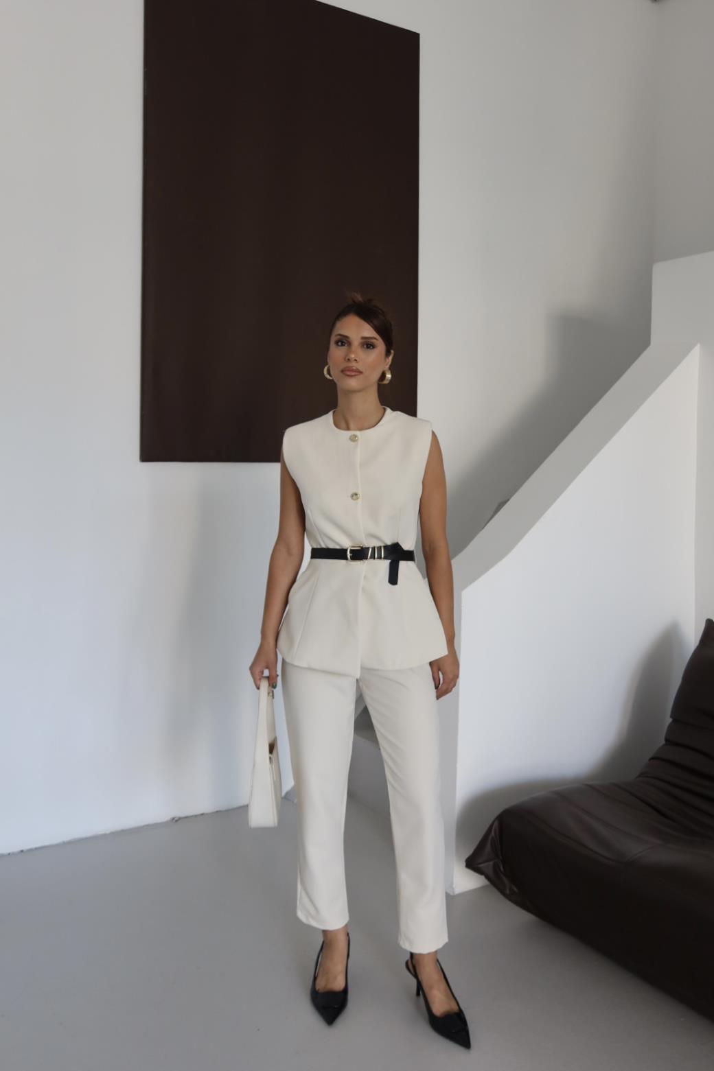 EKRU KEMERLİ YELEK PANTOLON TAKIM