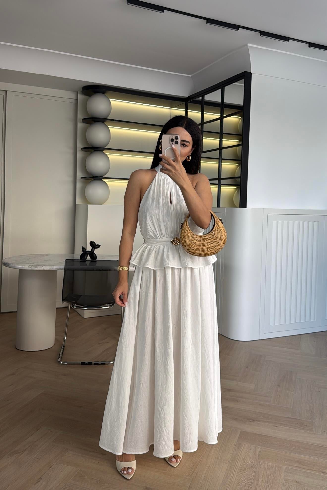 EKRU PİLİSELİ BLUZ ETEK TAKIM 