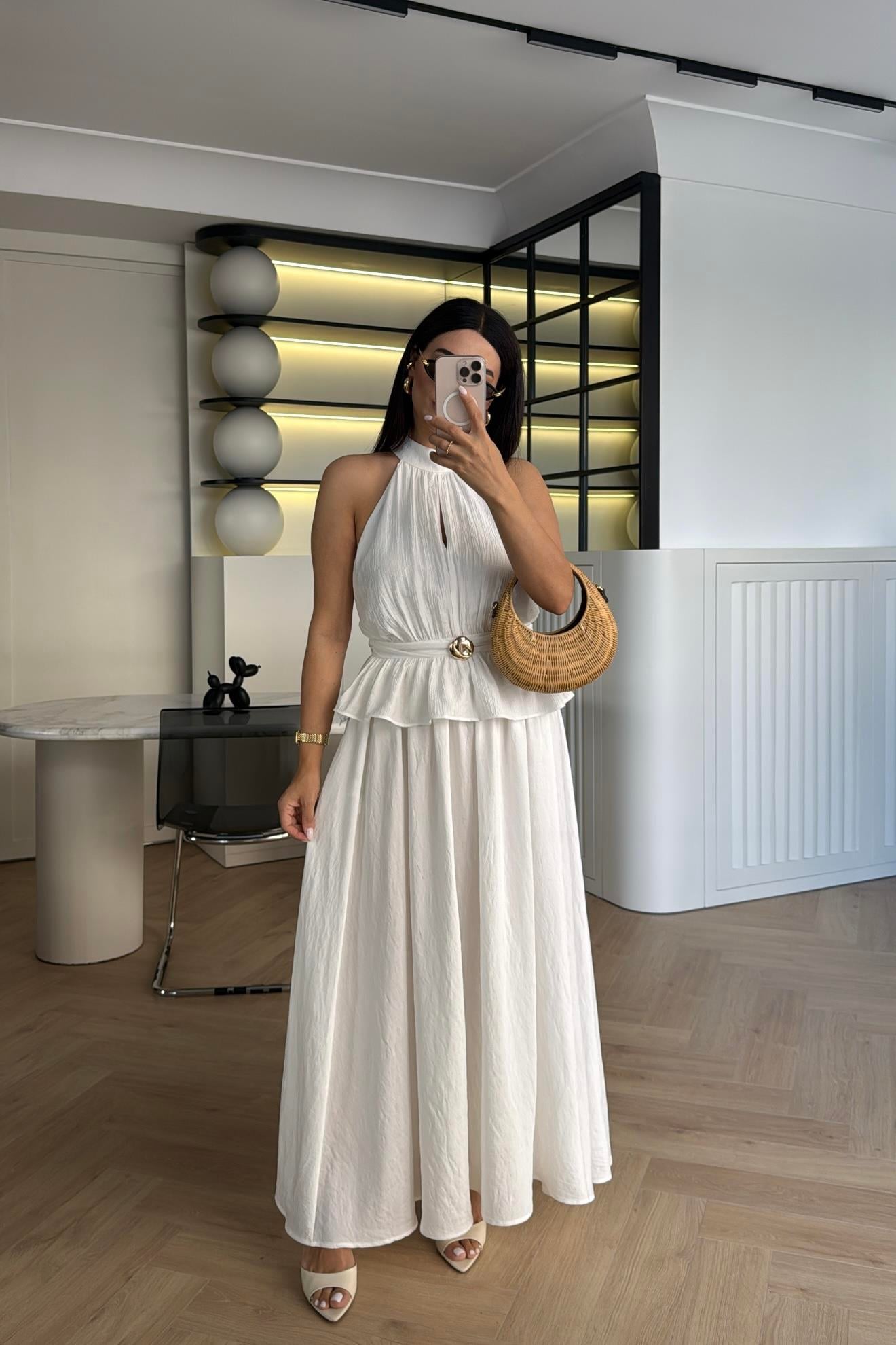 EKRU PİLİSELİ BLUZ ETEK TAKIM