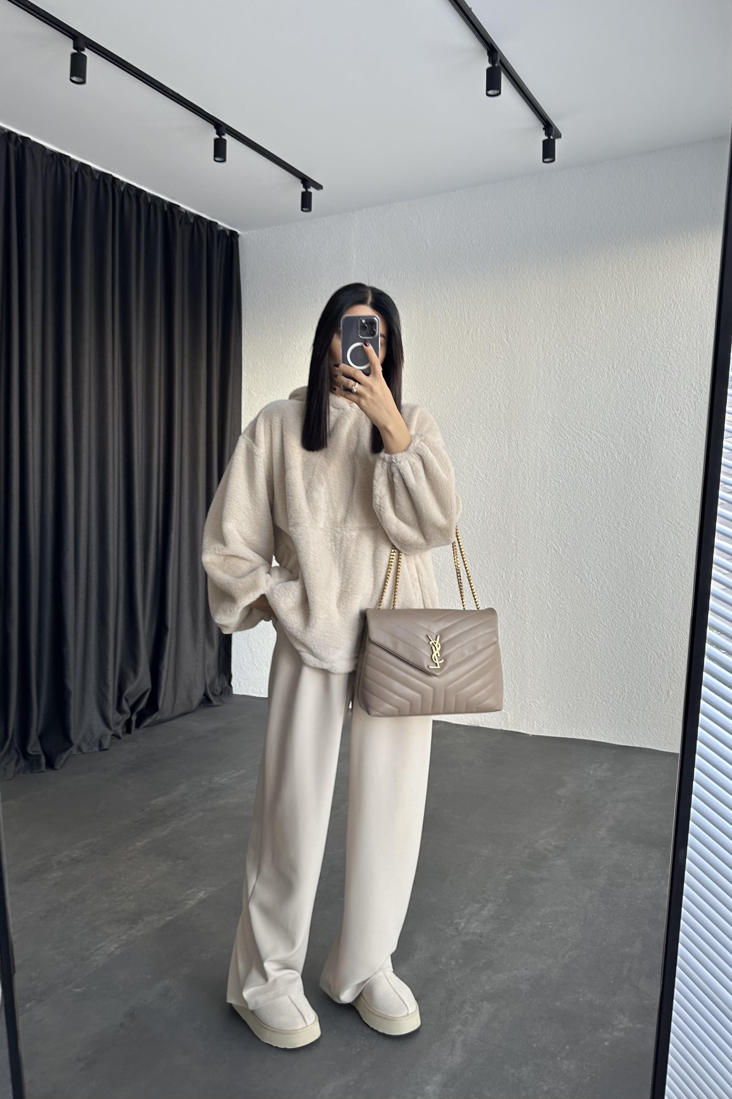 Ekru Renk Kanguru Cepli Massimo Peluş Sweatshirt