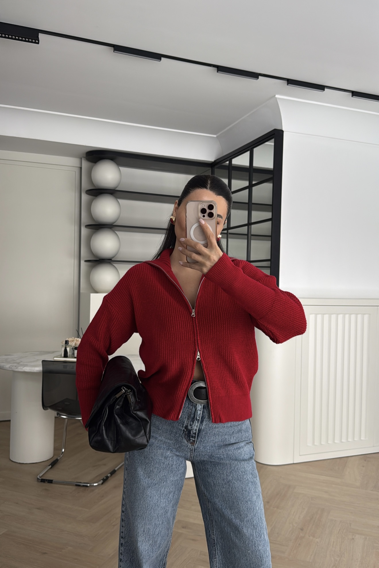 FERMUARLI GENİŞ YAKALI TRİKO HIRKA KIRMIZI