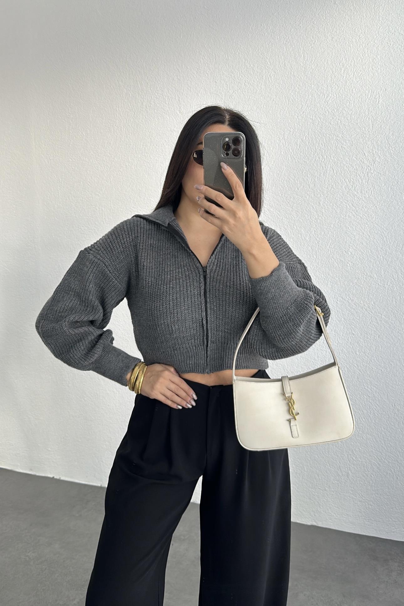 Fermuarlı Şal Yaka Hırka Gri