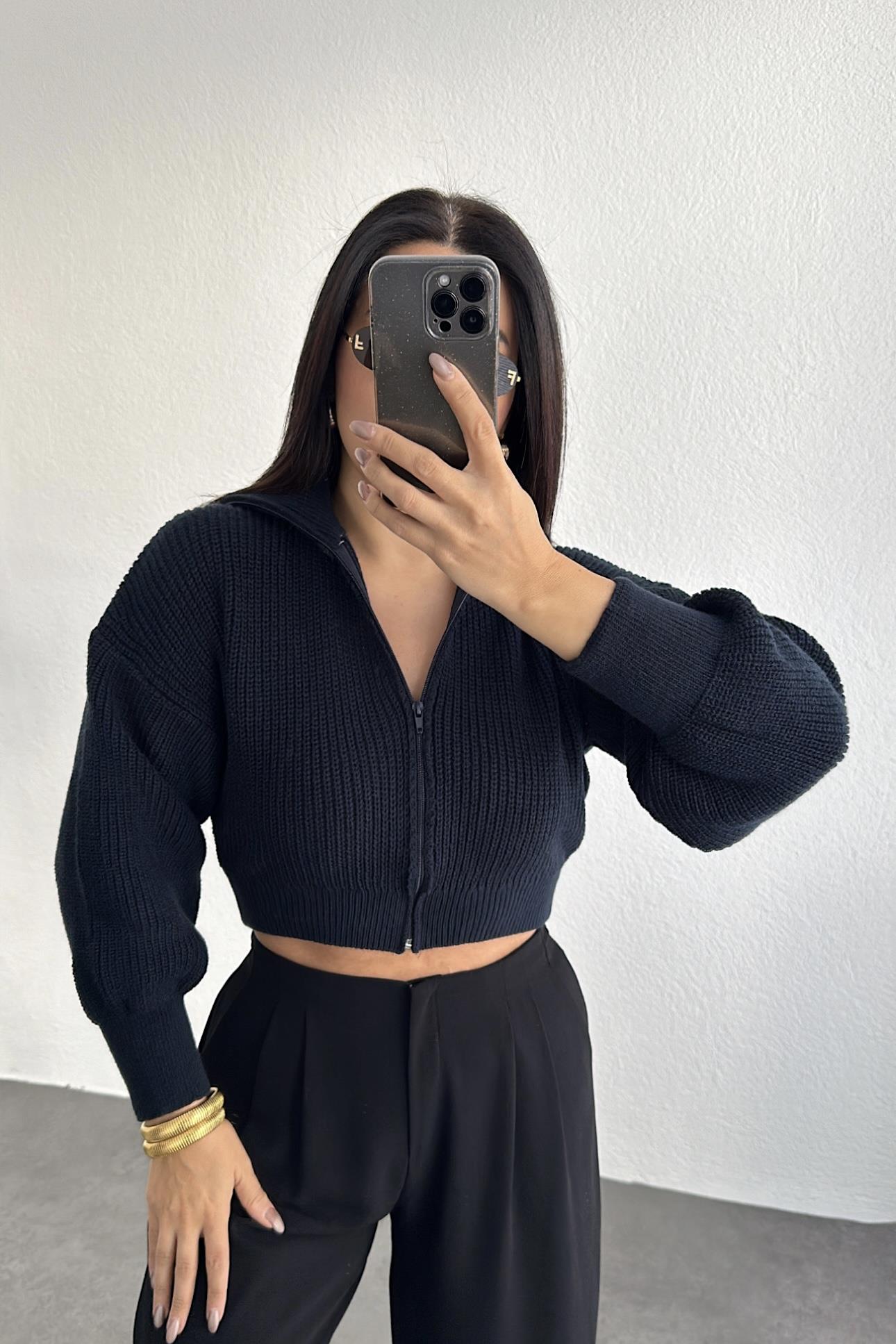 Fermuarlı Şal Yaka Hırka Laci