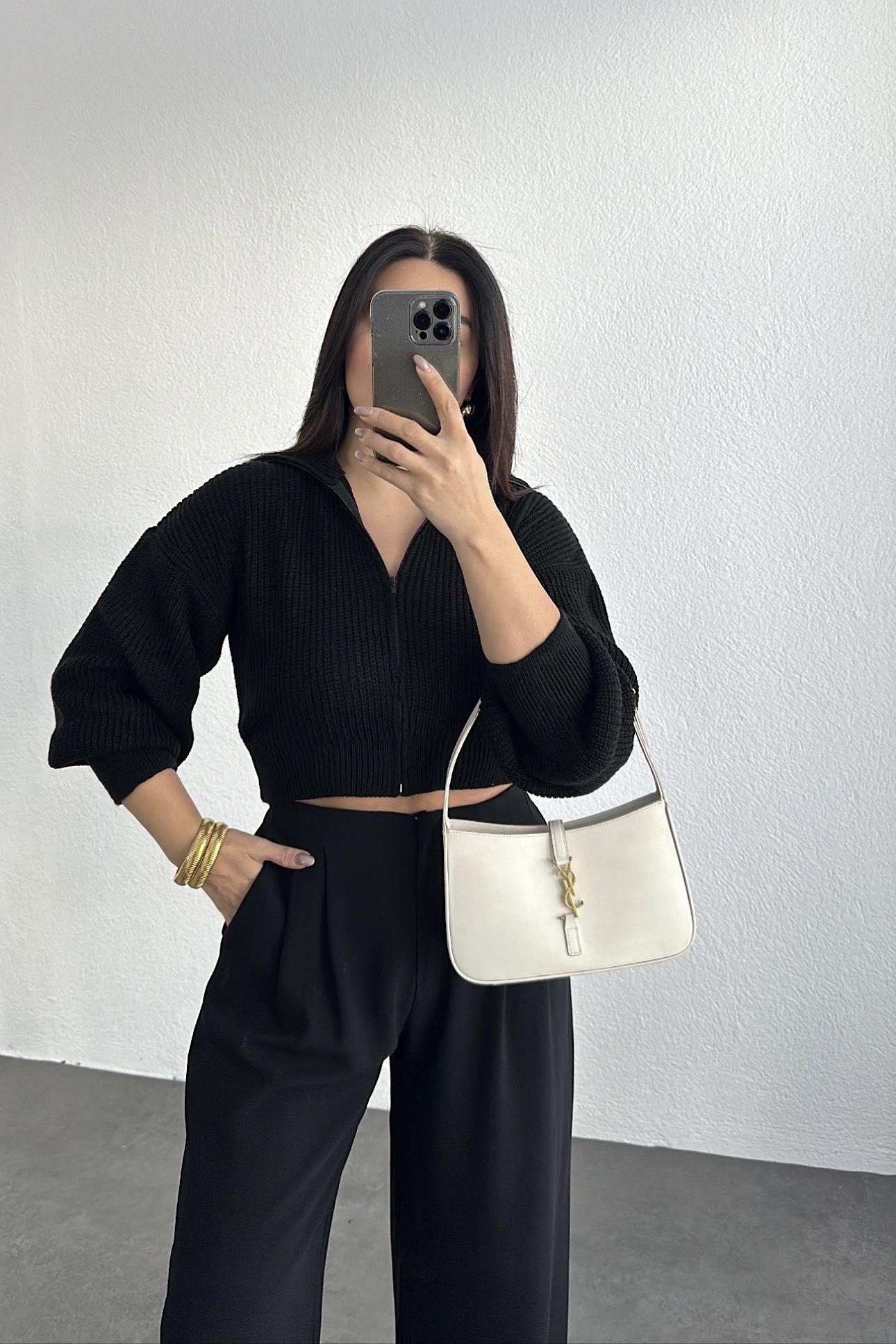 Fermuarlı Şal Yaka Hırka Siyah