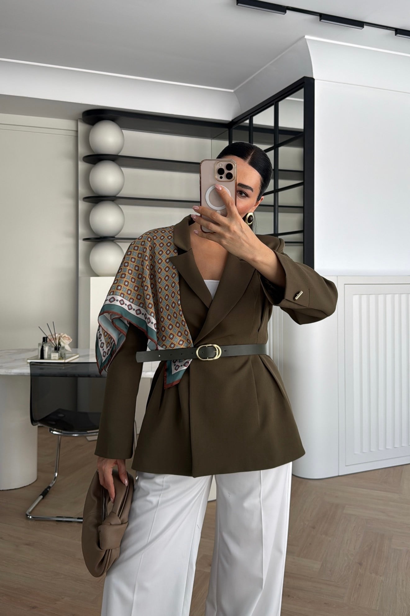 FULAR DETAYLI KEMERLİ BLAZER CEKET HAKİ