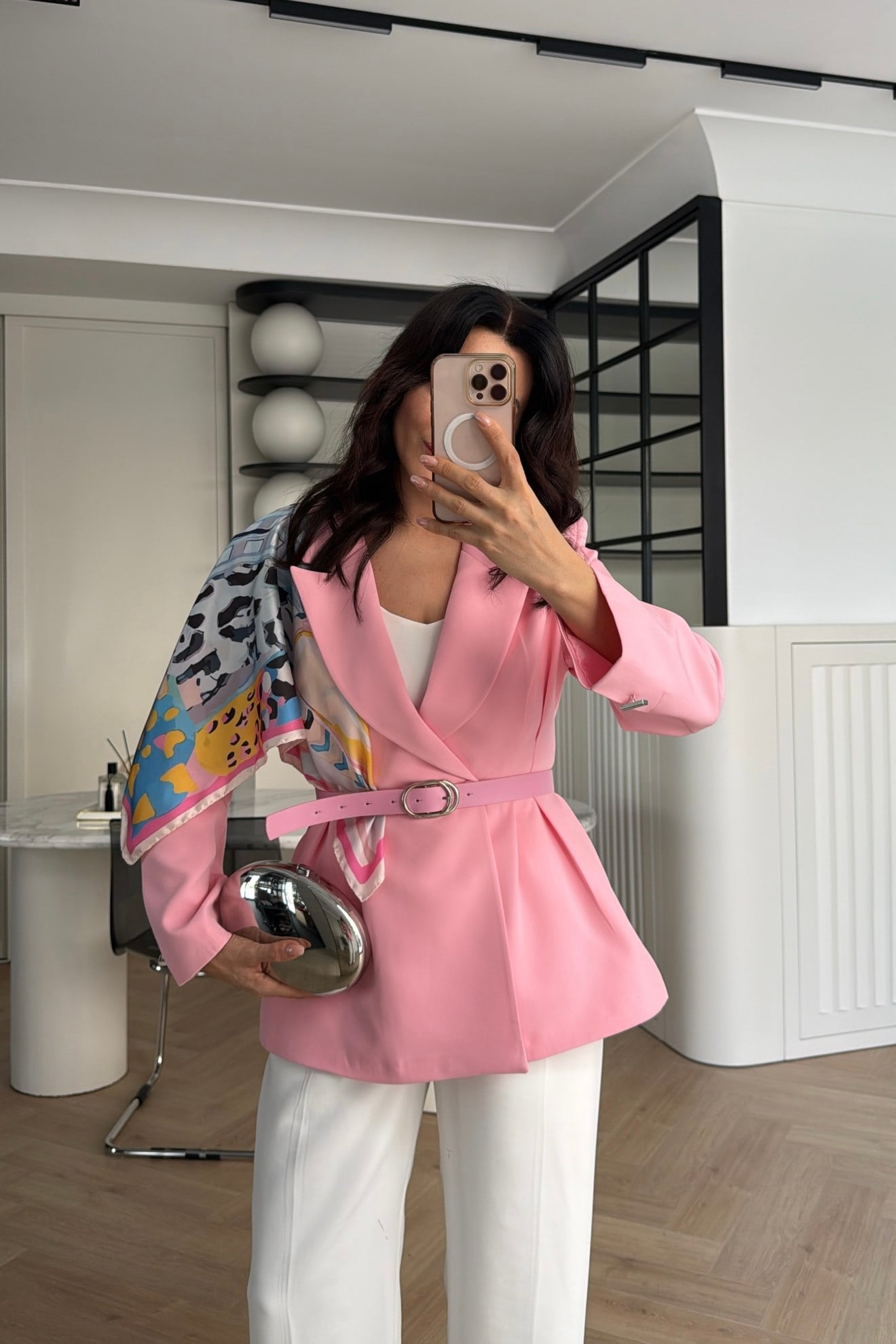 FULAR DETAYLI KEMERLİ BLAZER CEKET PEMBE