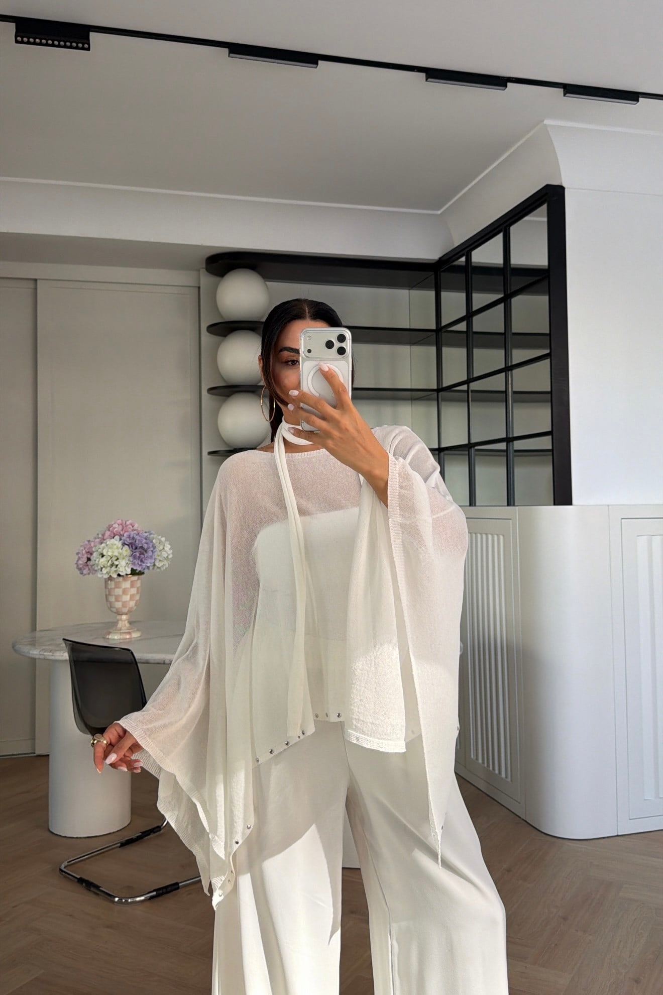 FULARLI TRİKO DOKULU PELERİN KREM 