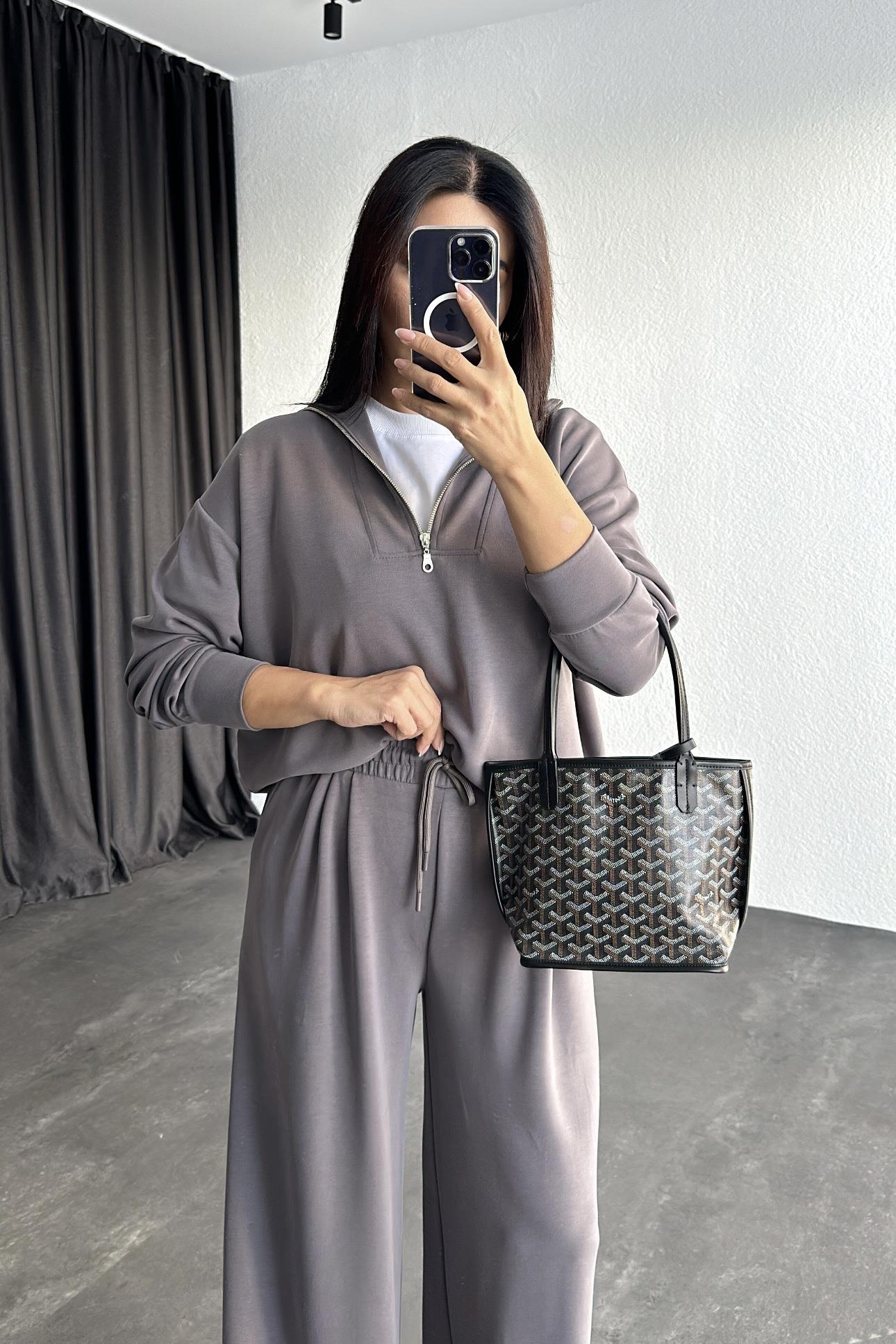 Füme Modal Kumaş Fermuarlı Sweatshırt Eşofman Takım