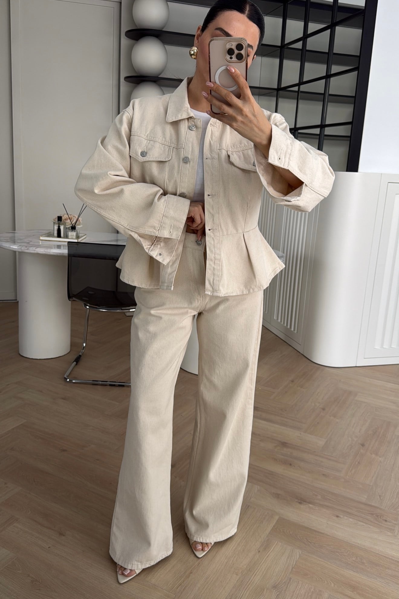 GENİŞ PAÇA DENİM PANTOLON EKRU 