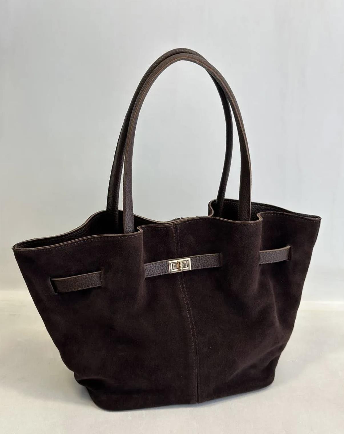 Gerçek Süet Deri Uzun Askili Miknatis Kapamali El ve Omuz Çantasi Kahve