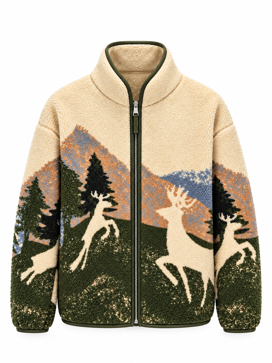 Geyik Desenli Yeşil Polar Ceket