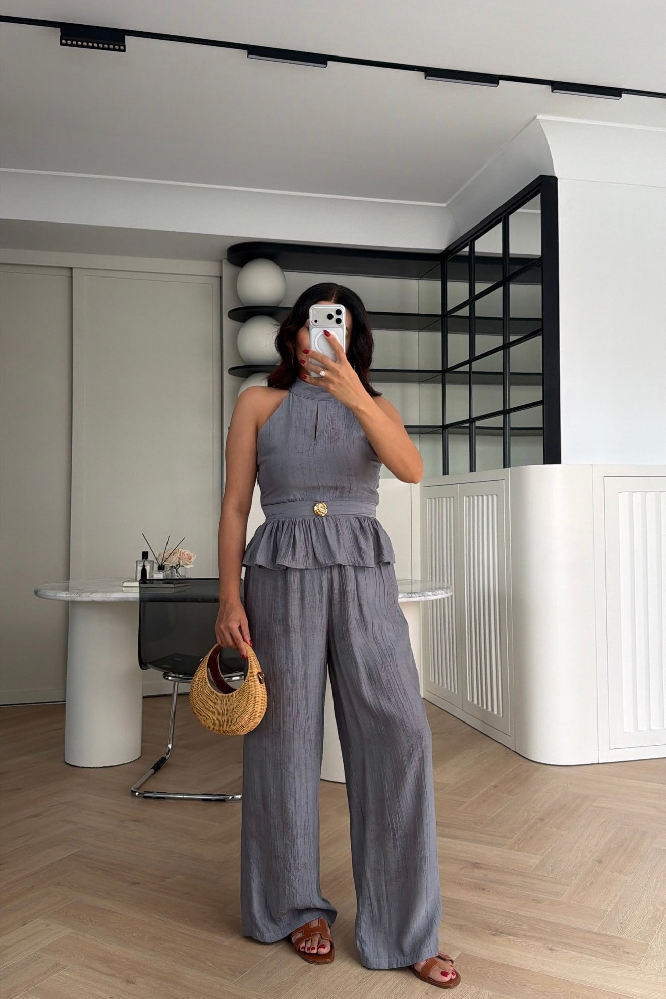 GOLD DÜĞME DETAYLI PEPLUM TAKIM GRİ 