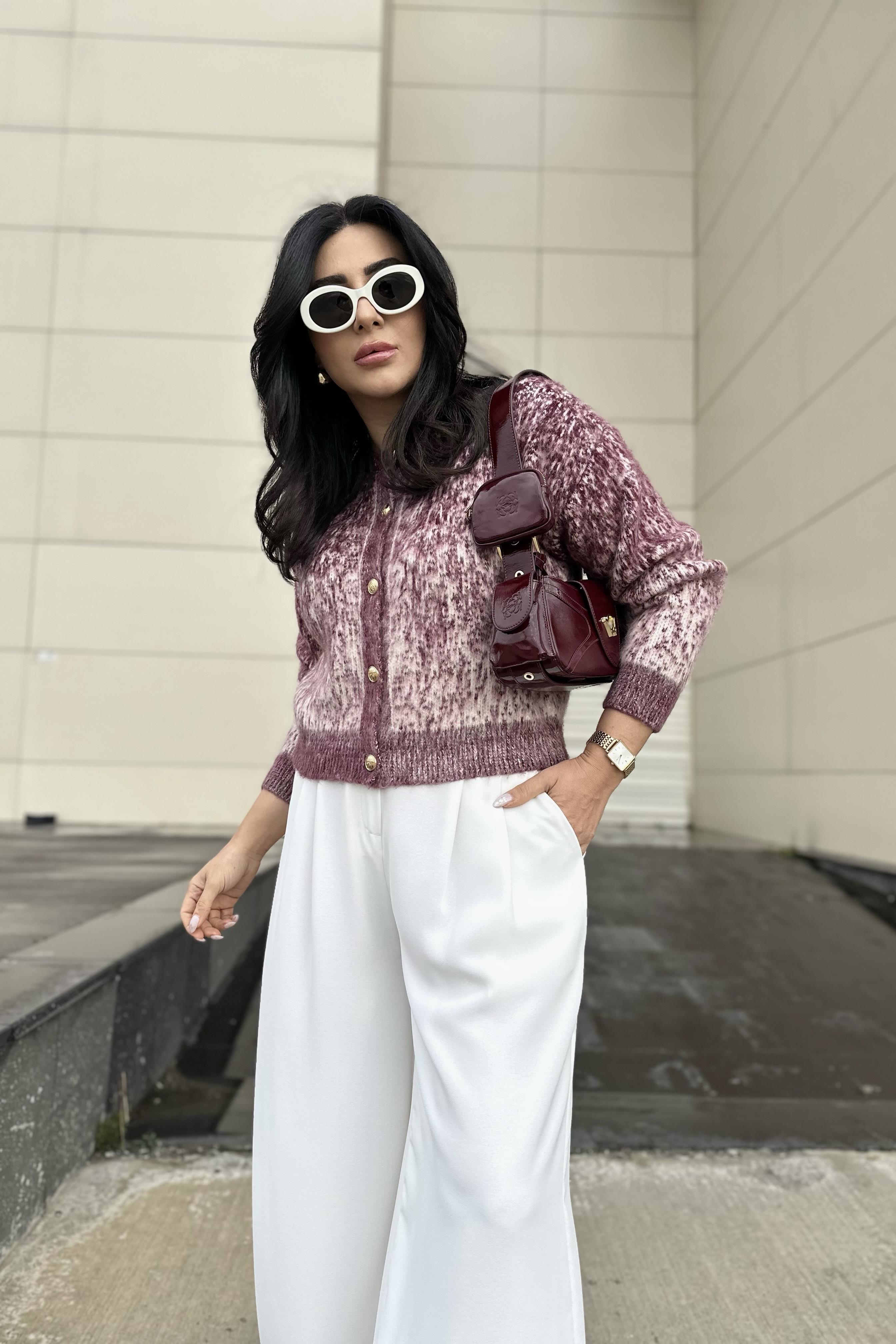 Gold Düğmeli Bordo Kırçıllı Şardonlu Hırka