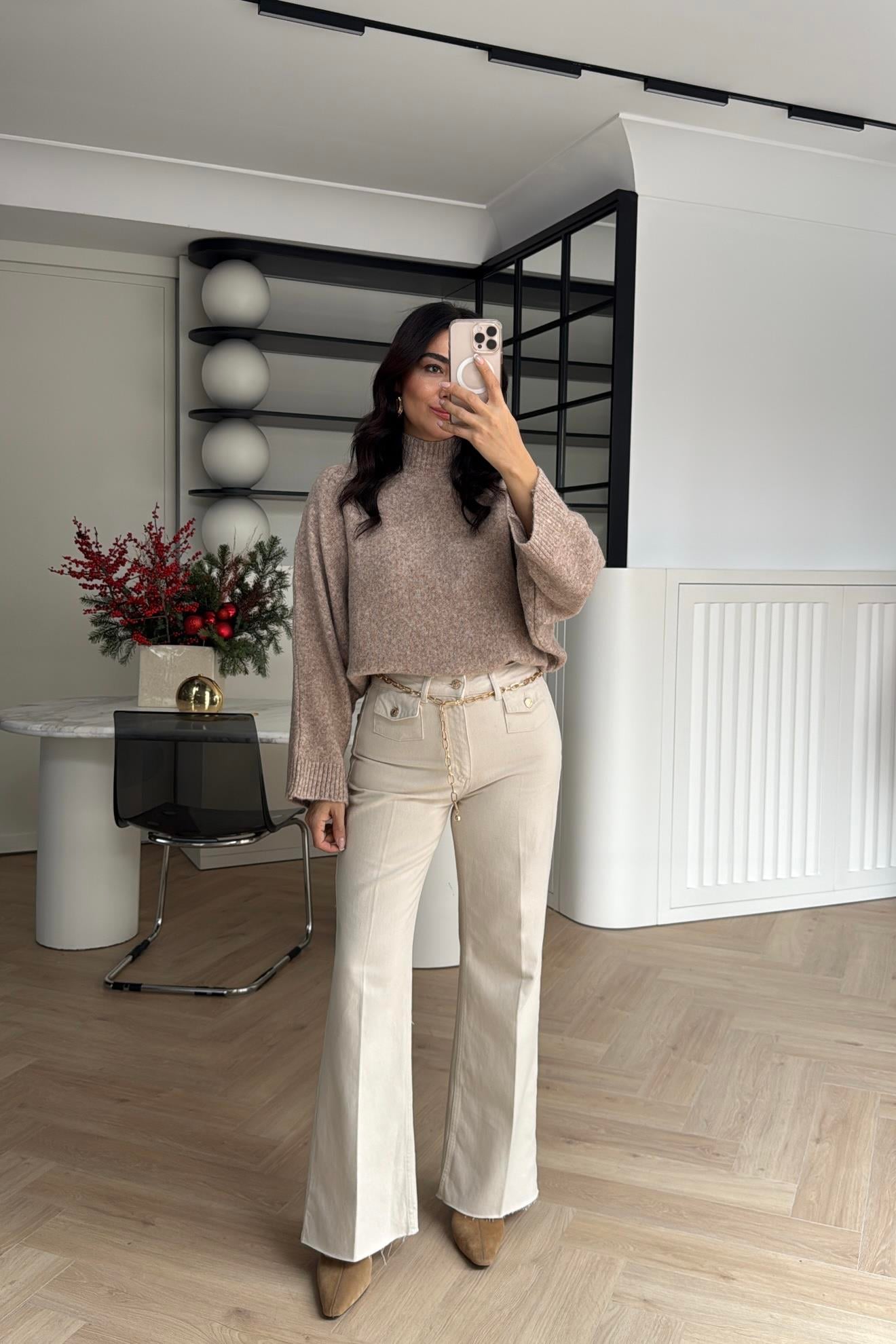 GOLD KEMER DETAYLI WİDE LEG JEAN NATUREL